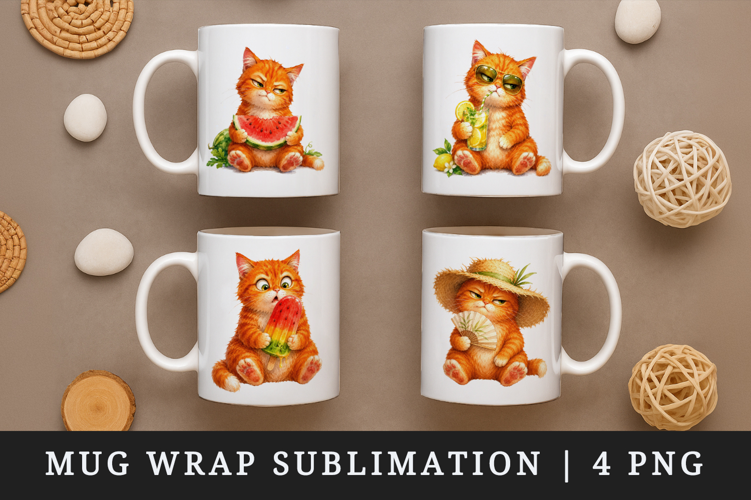 Summer Cat mug wrap printable sublimation design product image 1