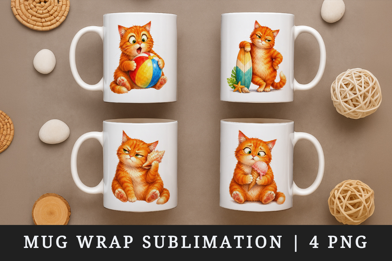 Summer Cat mug wrap printable sublimation design product image 1