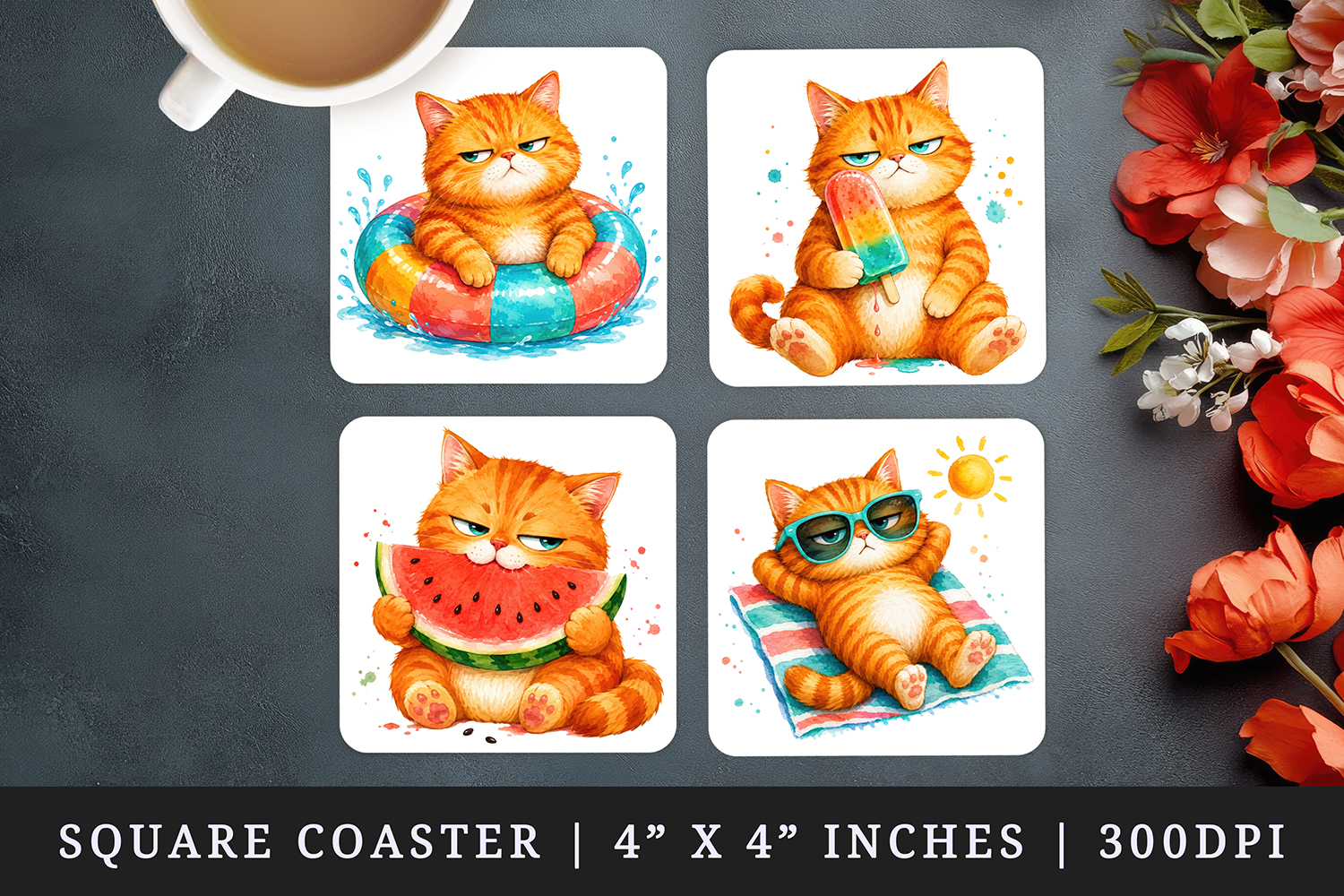 Summer Cat square coaster sublimation, coasters design product image 1