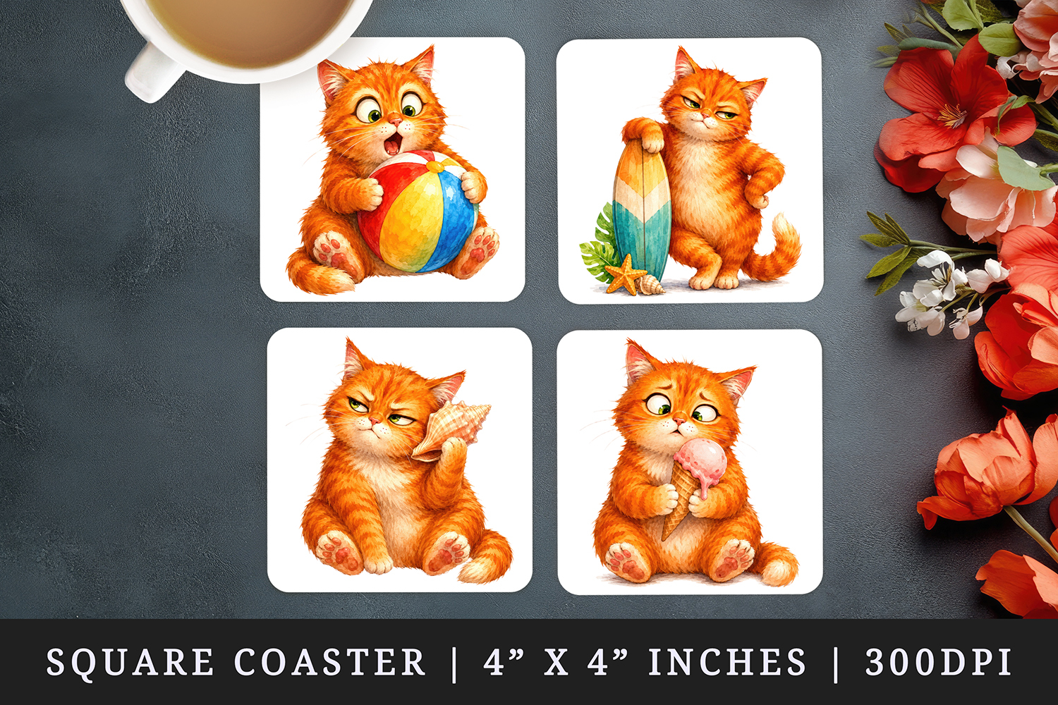 Summer Cat square coaster sublimation, coasters design product image 1