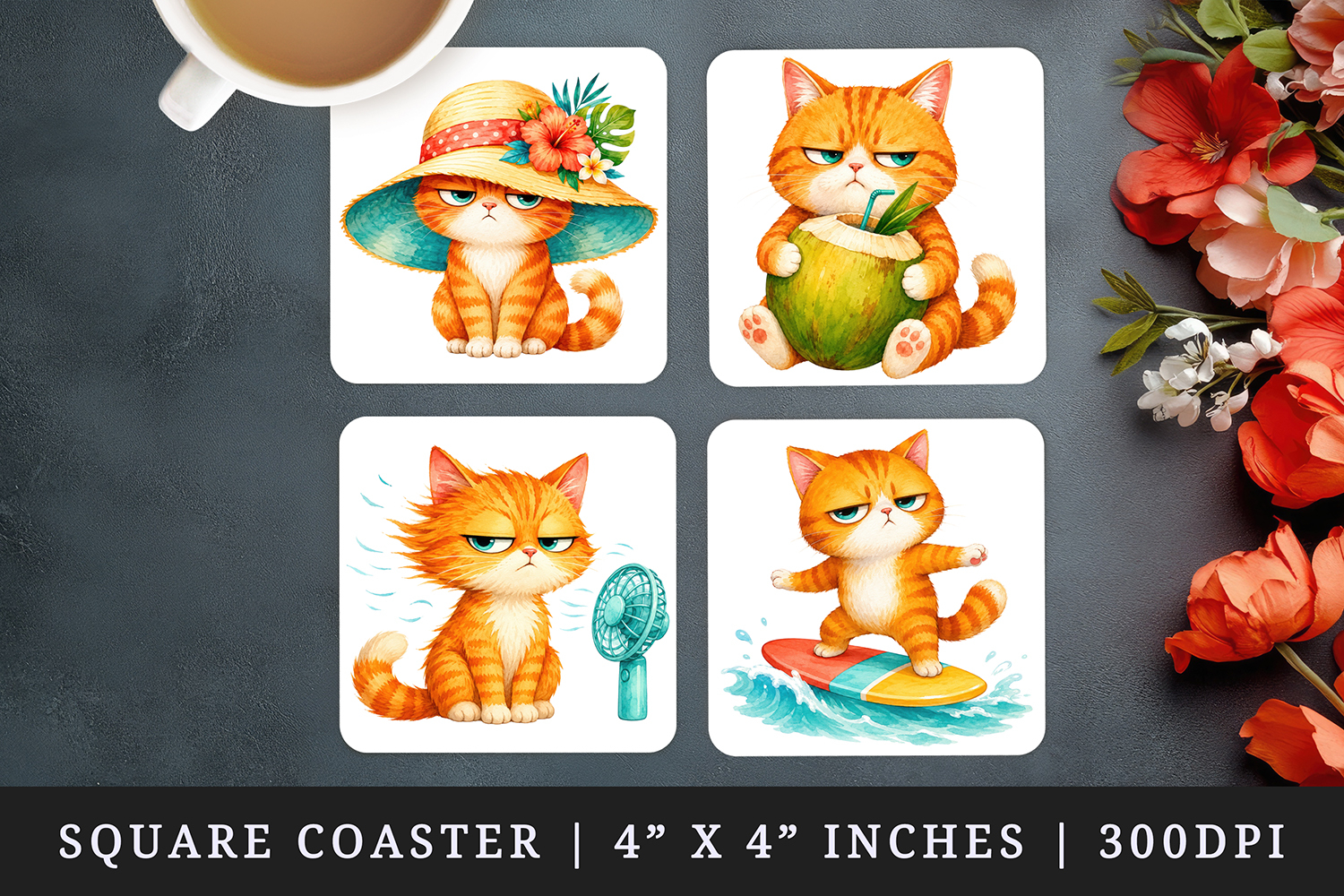 Summer Cat square coaster sublimation, coasters design product image 1