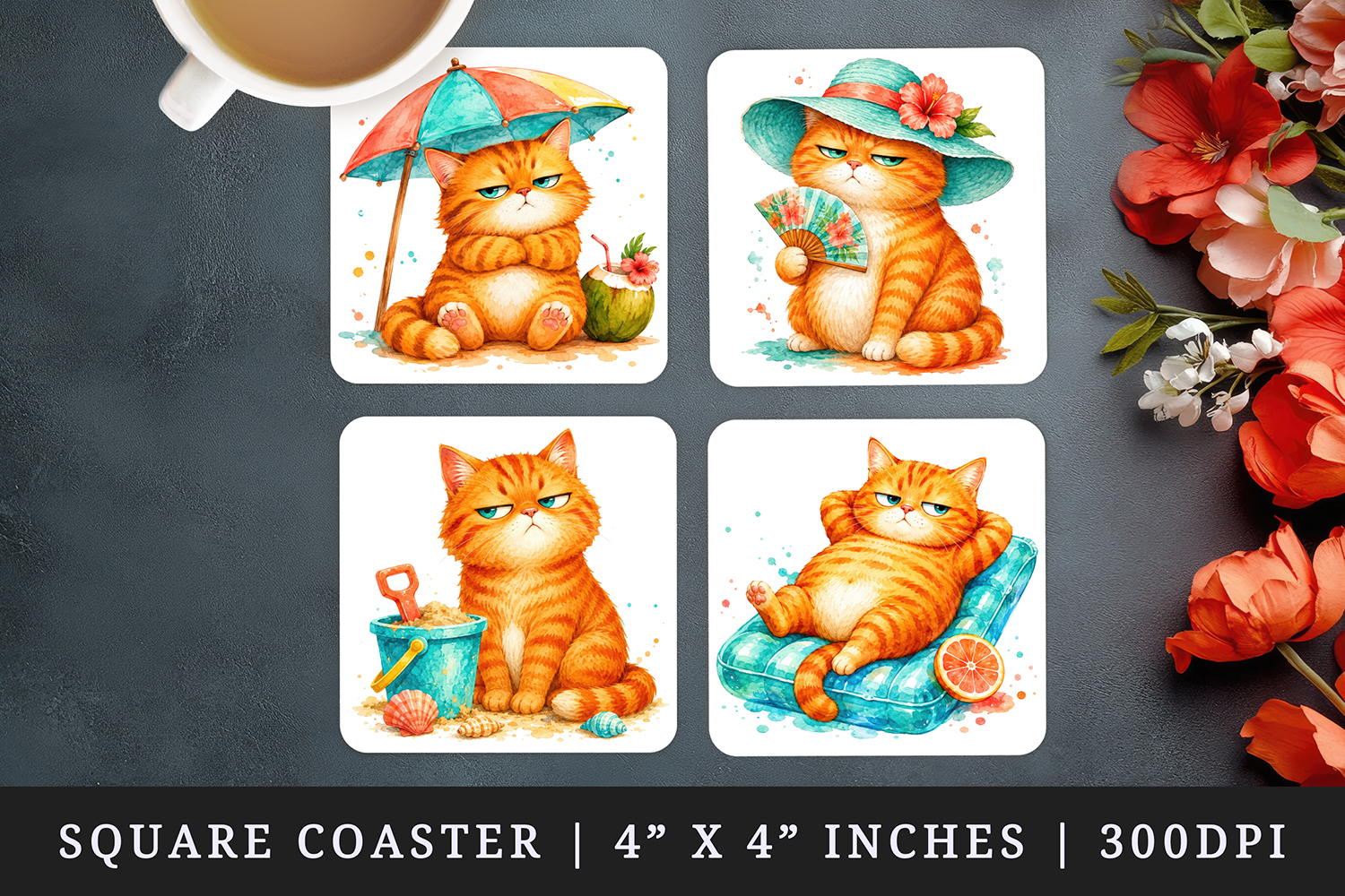 Summer Cat square coaster sublimation, coasters design product image 1