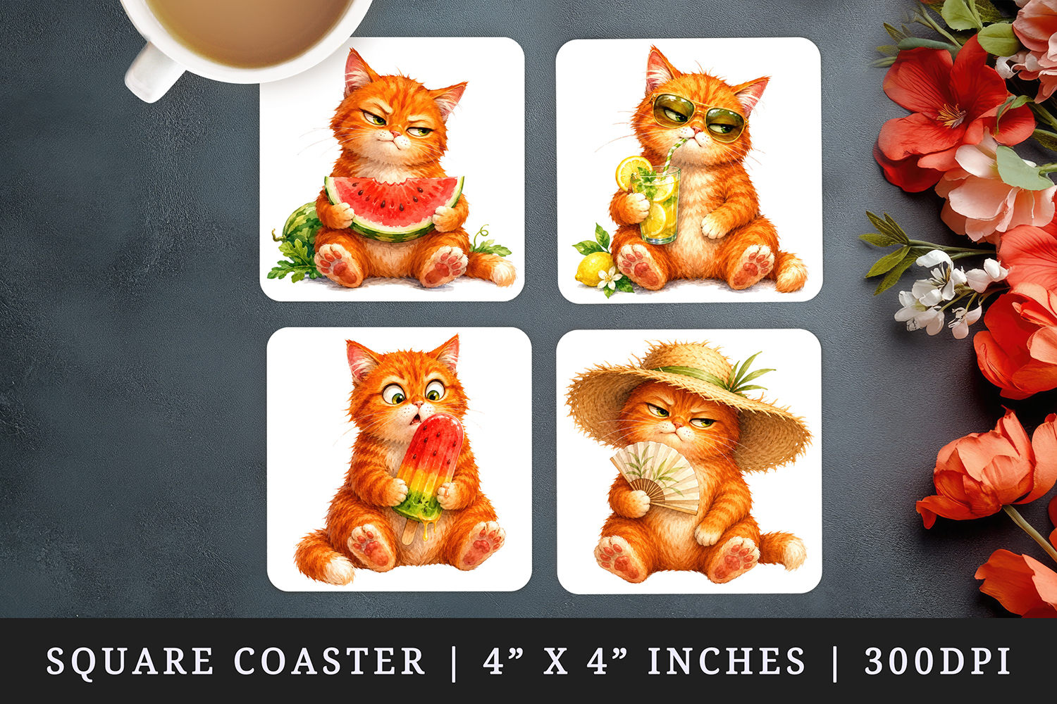 Summer Cat square coaster sublimation, coasters design product image 1