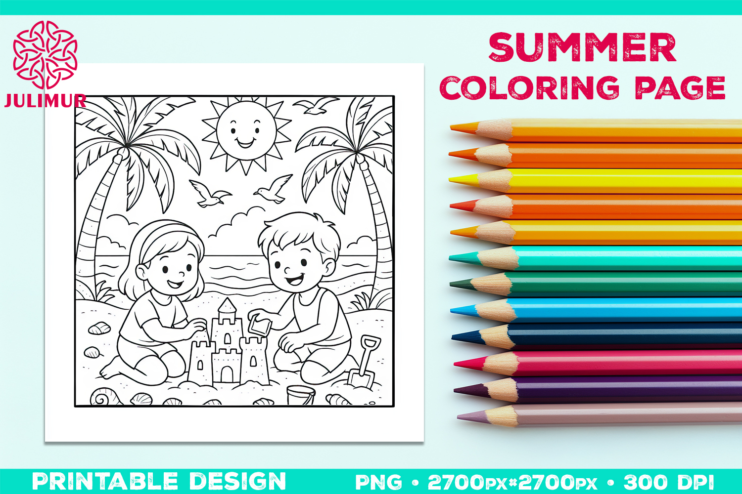 Summer Beach Kids Coloring Page, Activity Sheet for Children product image 1