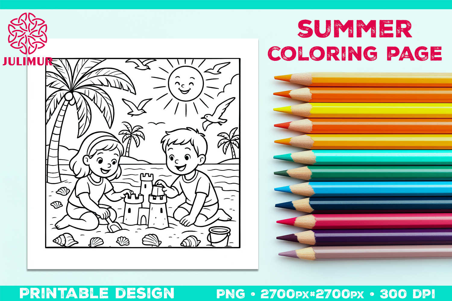 Summer Beach Kids Coloring Page, Activity Sheet for Children product image 1