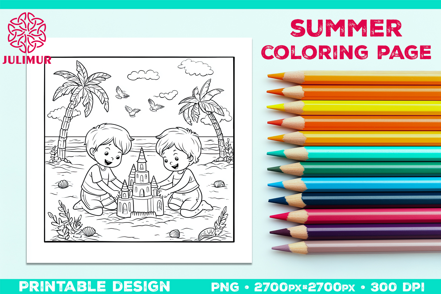 Summer Beach Kids Coloring Page, Activity Sheet for Children product image 1