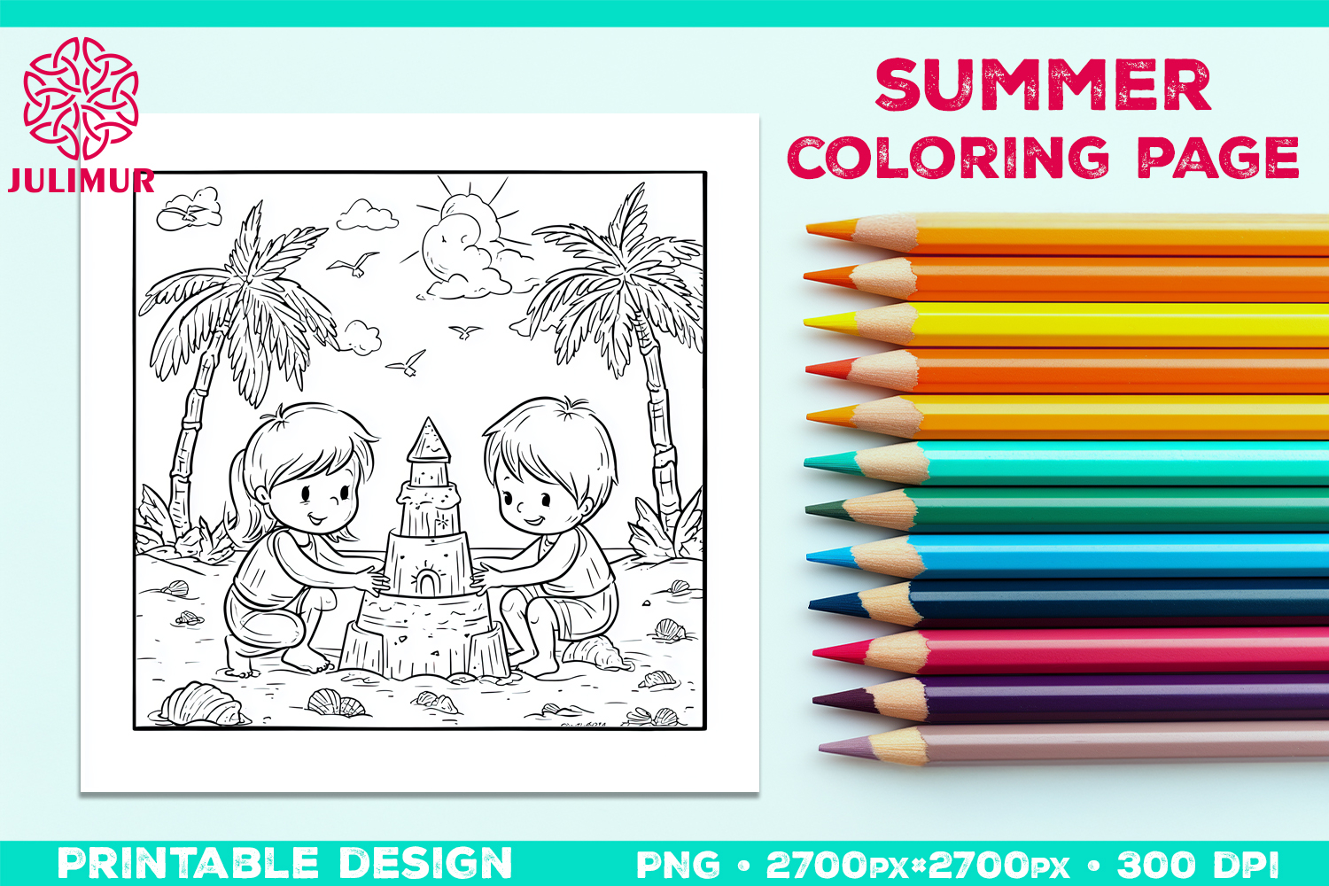 Summer Beach Kids Coloring Page, Activity Sheet for Children product image 1