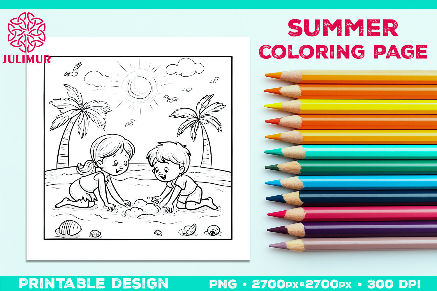 Summer Beach Kids Coloring Page, Activity Sheet for Children product image 1