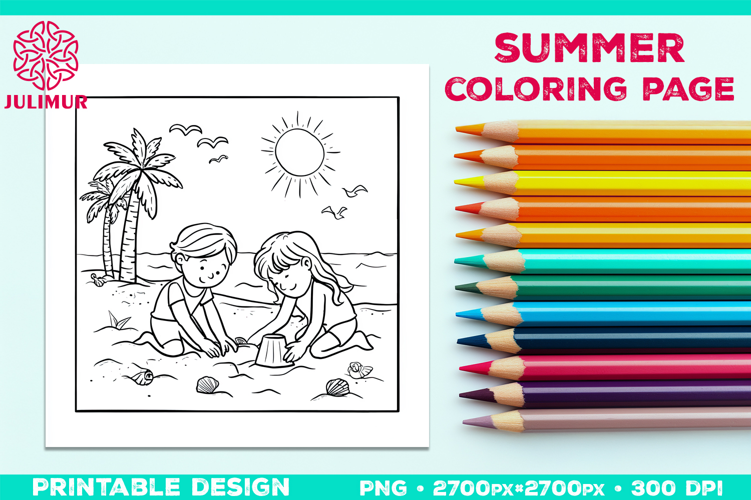 Summer Beach Kids Coloring Page, Activity Sheet for Children product image 1