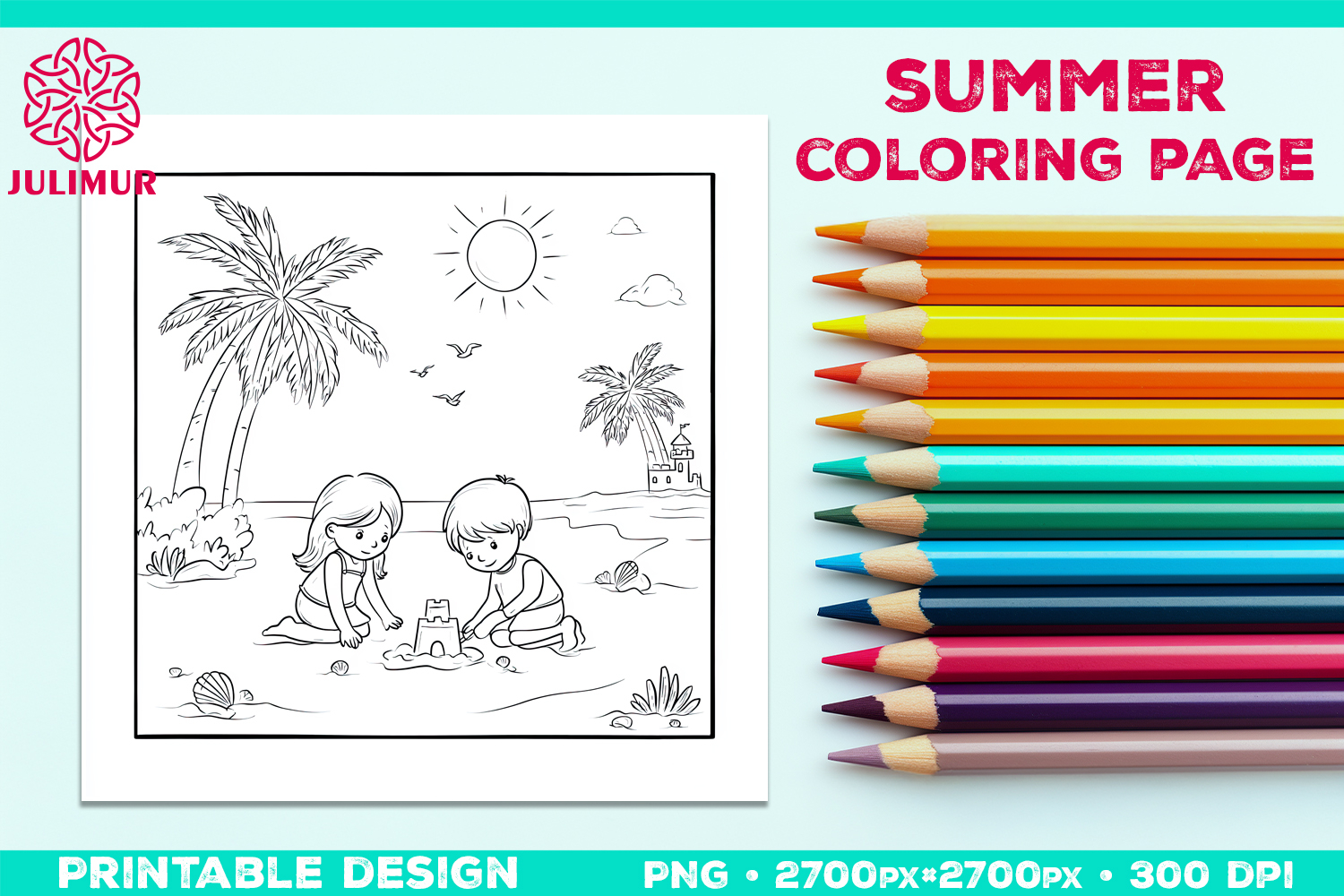 Summer Beach Kids Coloring Page, Activity Sheet for Children product image 1