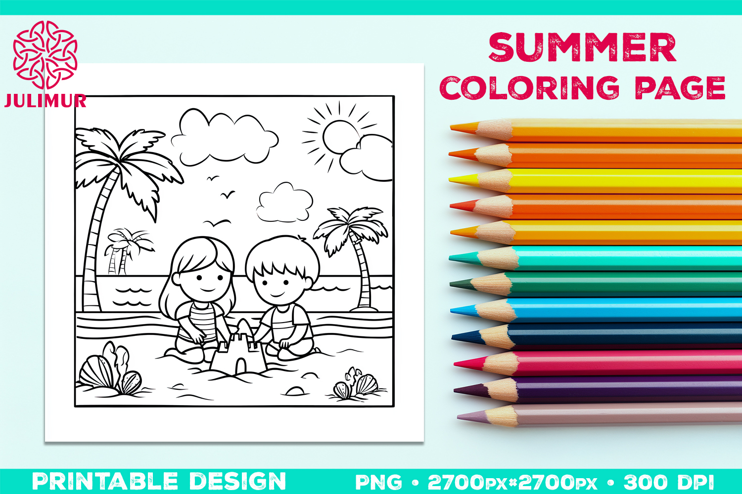 Summer Beach Kids Coloring Page, Activity Sheet for Children product image 1