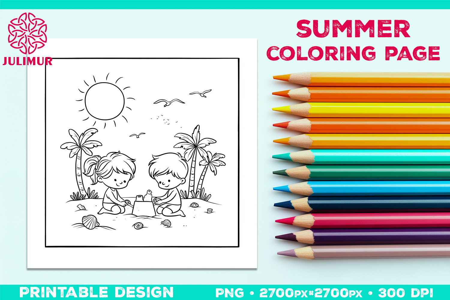 Summer Beach Kids Coloring Page, Activity Sheet for Children product image 1