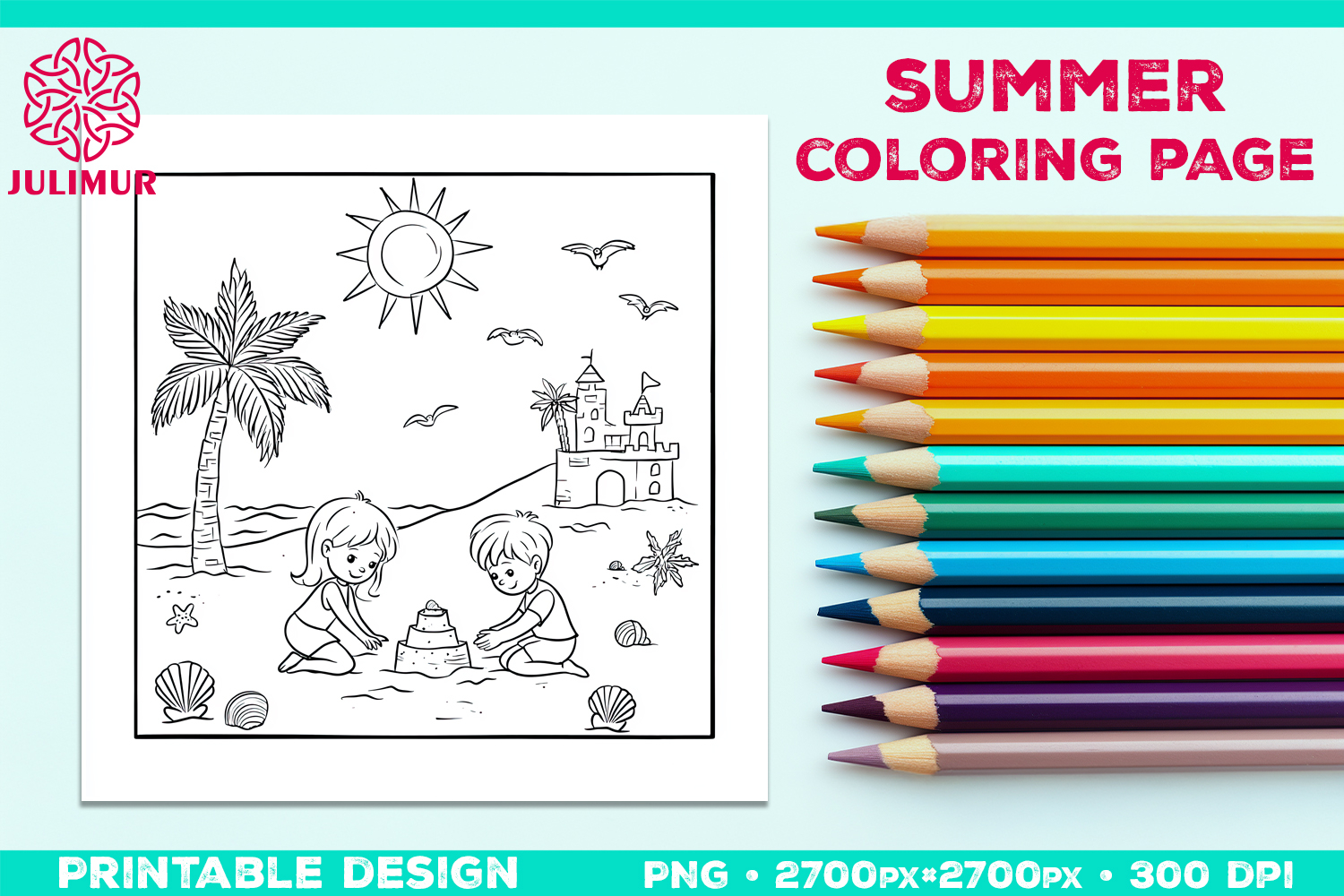 Summer Beach Kids Coloring Page, Activity Sheet for Children product image 1