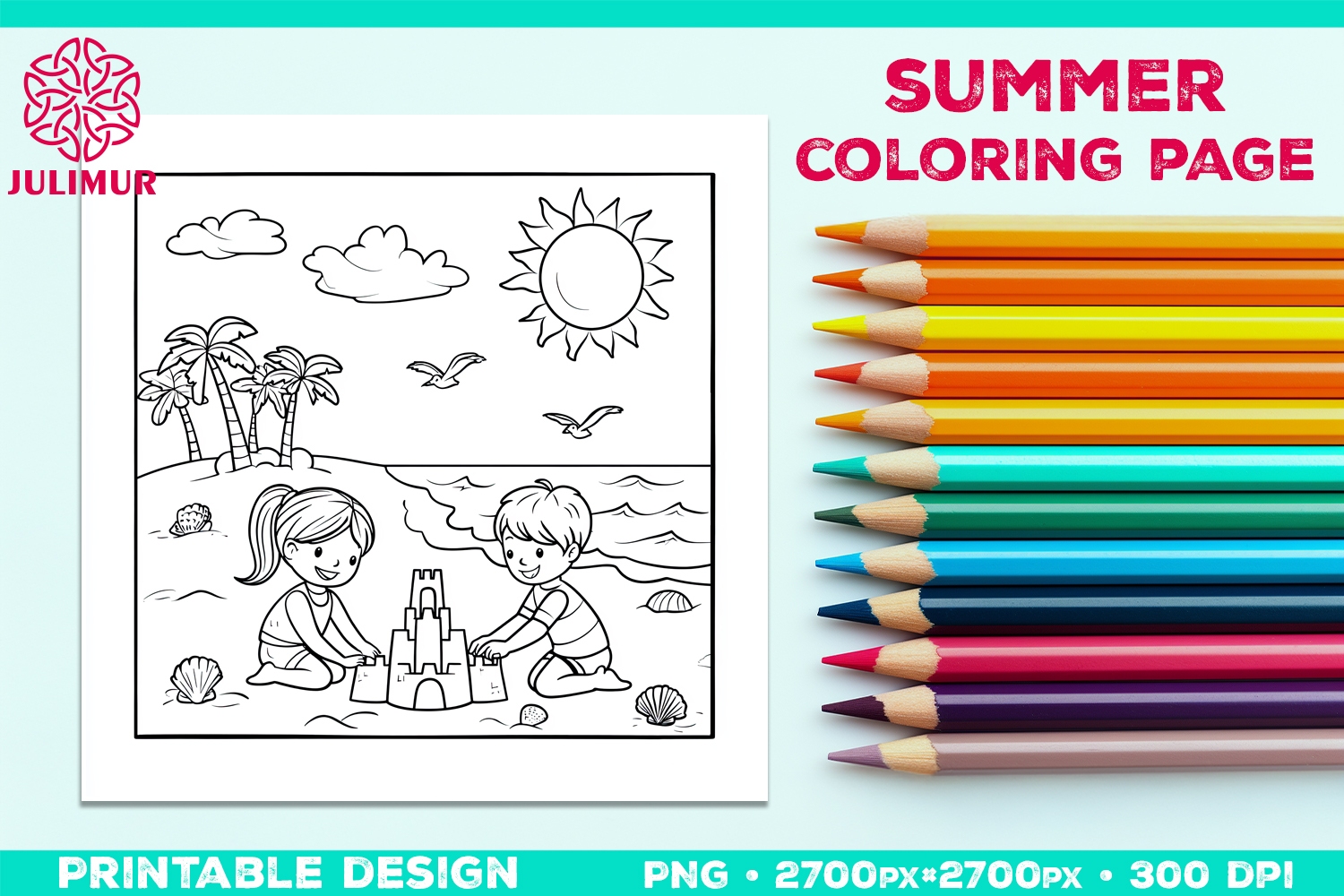 Summer Beach Kids Coloring Page, Activity Sheet for Children product image 1