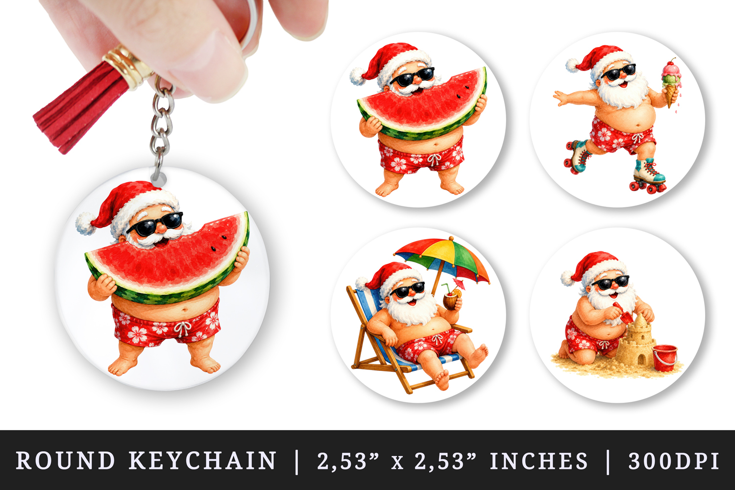 Summer Santa round keychain pintable sublimation design png product image 1