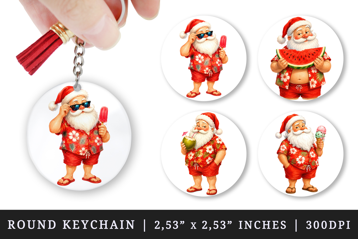 Summer Santa round keychain pintable sublimation design png product image 1