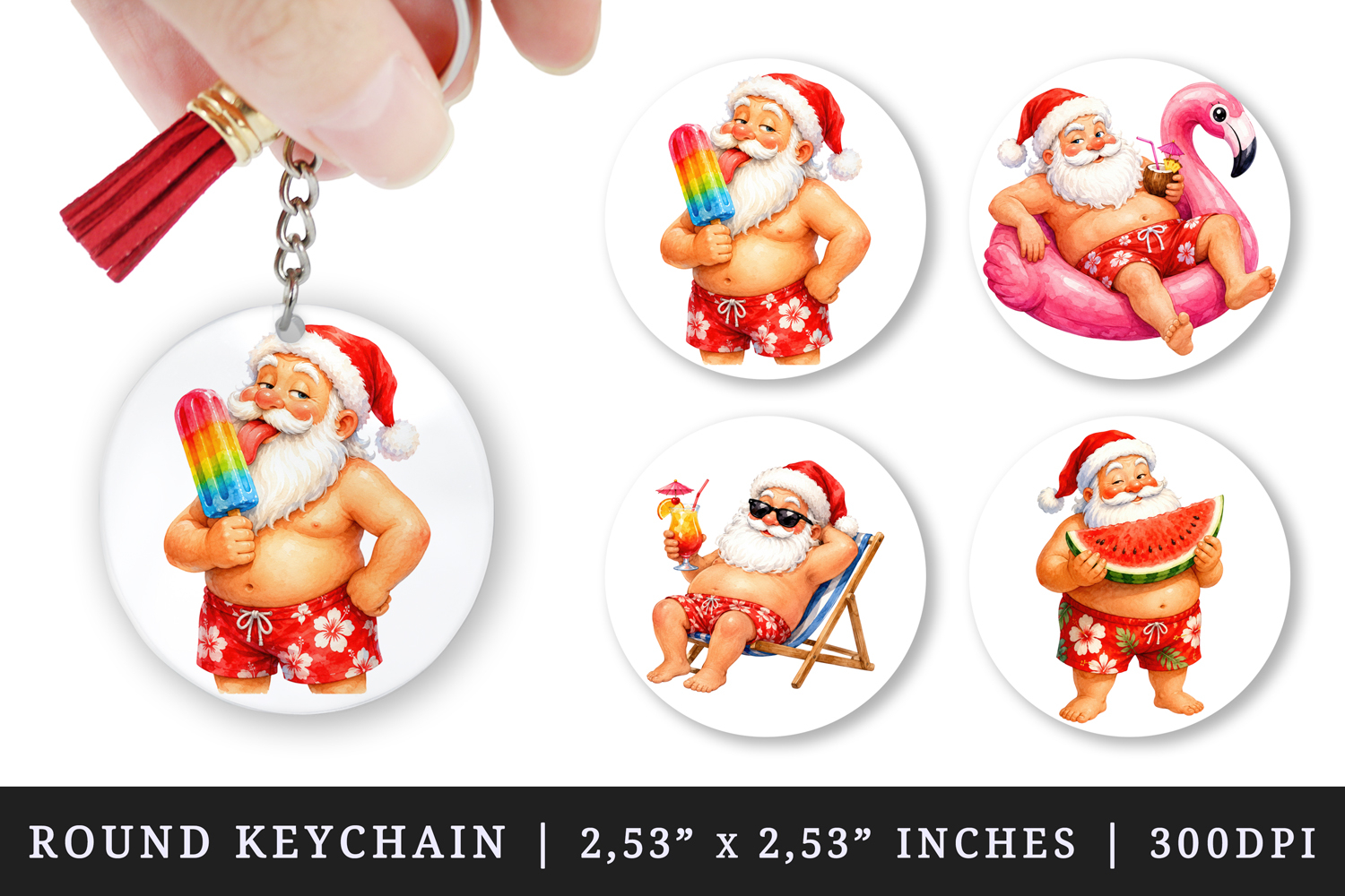 Summer Santa round keychain pintable sublimation design png product image 1