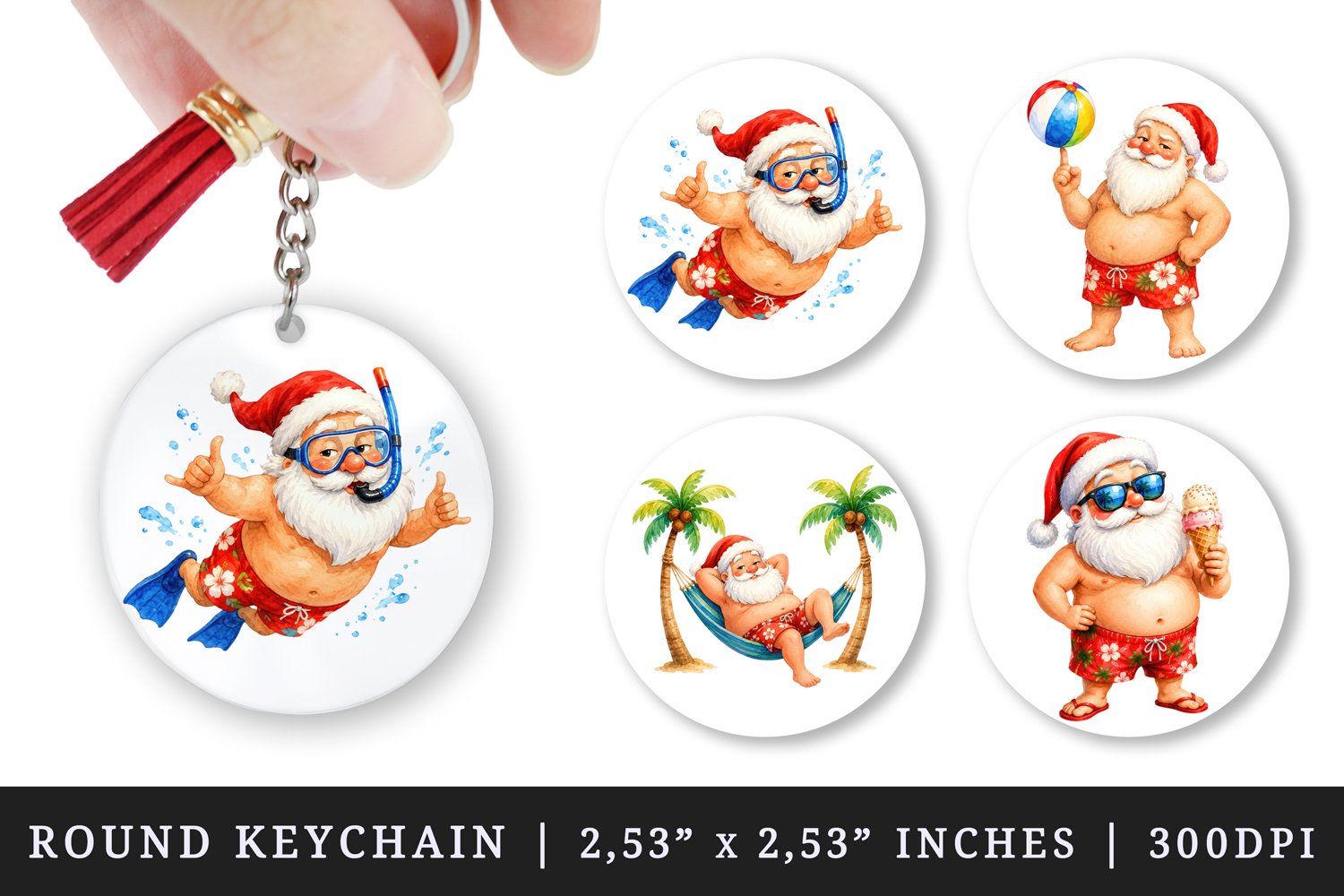 Summer Santa round keychain pintable sublimation design png product image 1
