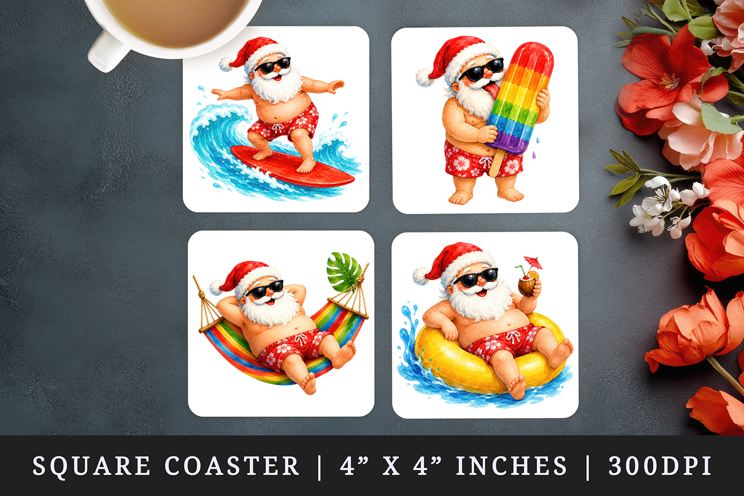 Summer Santa square coaster sublimation, coasters design product image 1