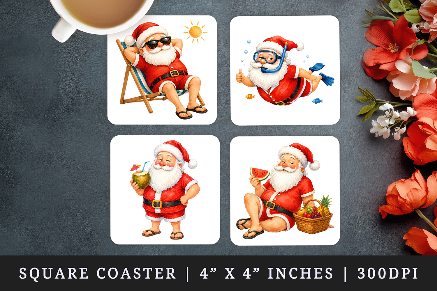 Summer Santa square coaster sublimation, coasters design product image 1