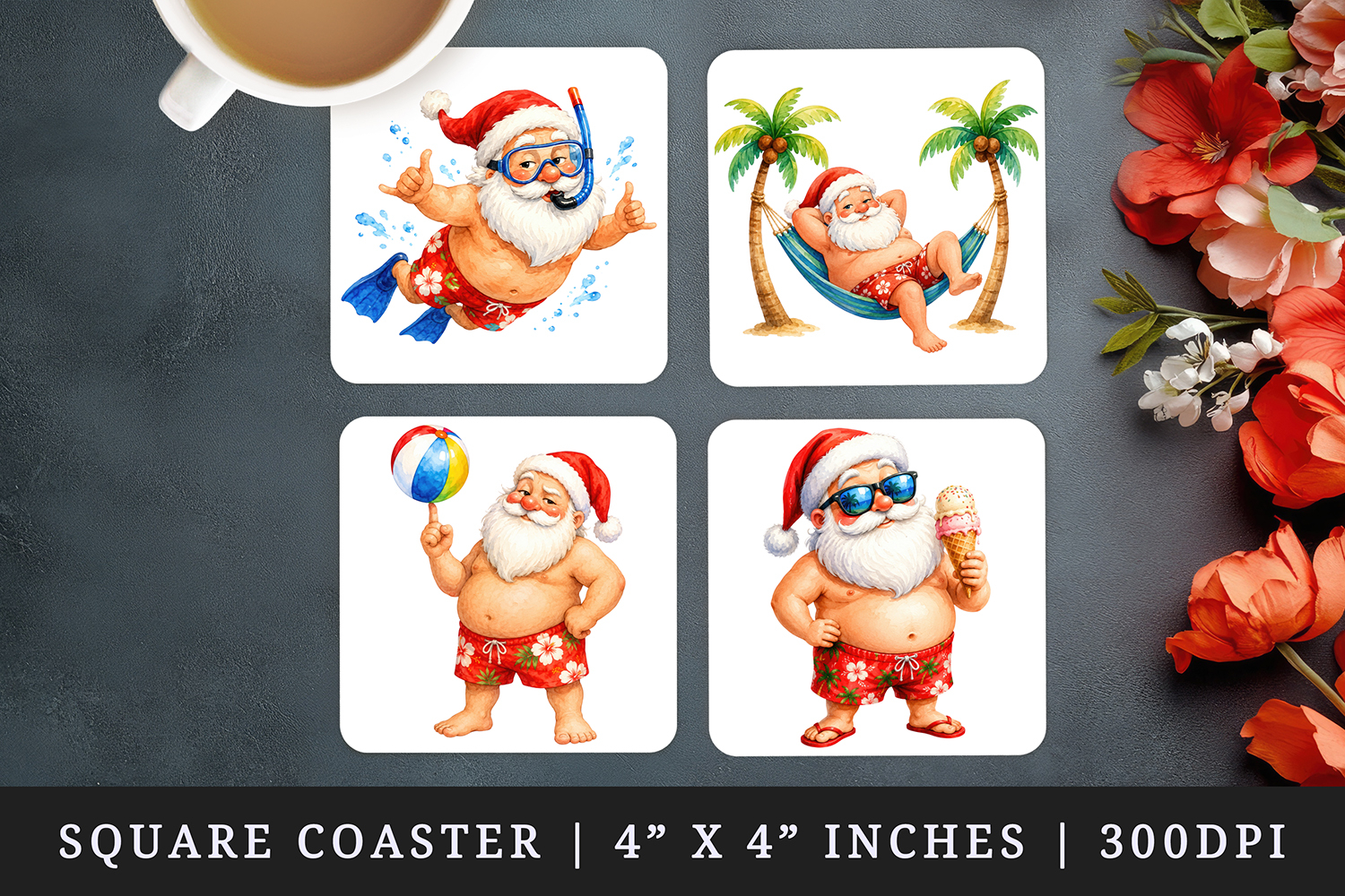 Summer Santa square coaster sublimation, coasters design product image 1