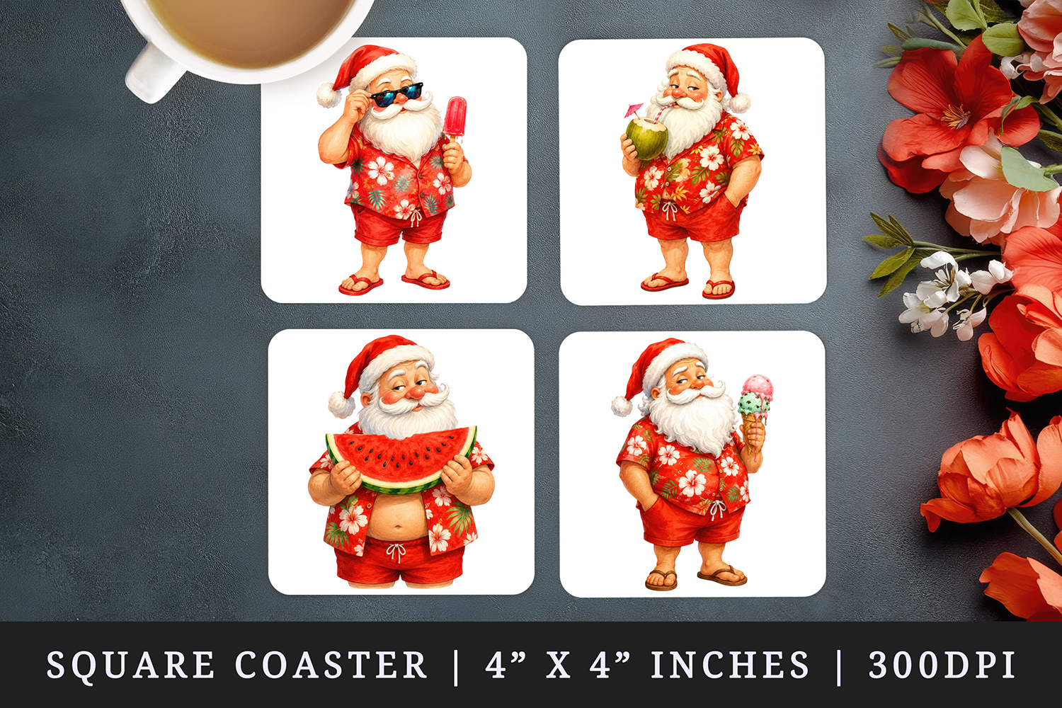 Summer Santa square coaster sublimation, coasters design product image 1