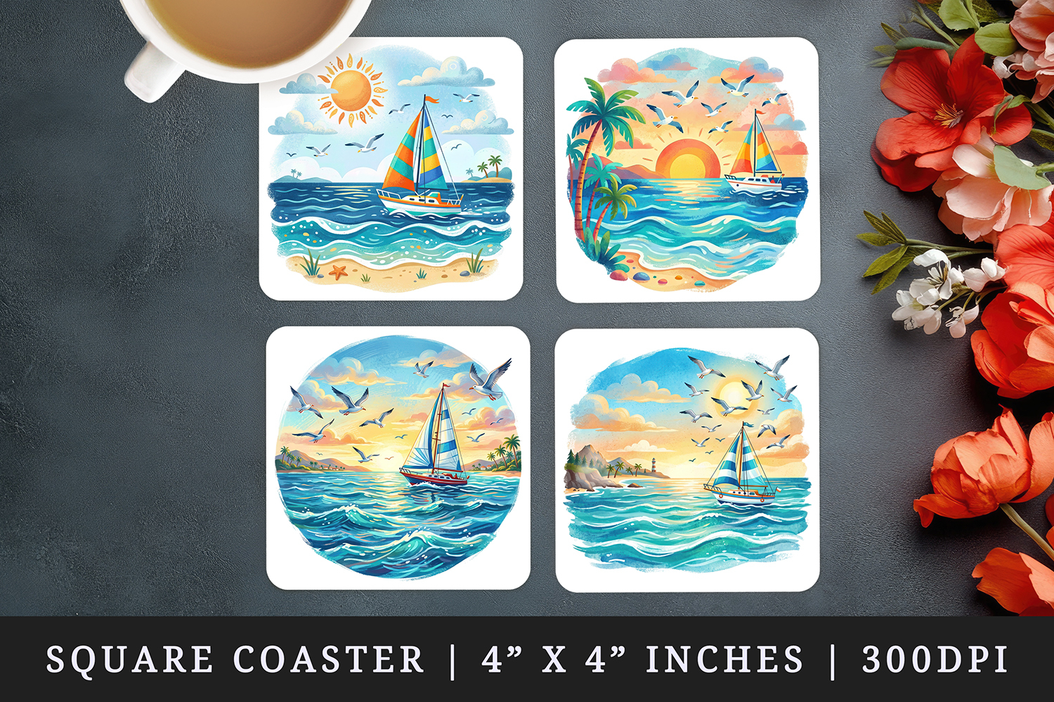 Summer square coaster sublimation, coasters design product image 1