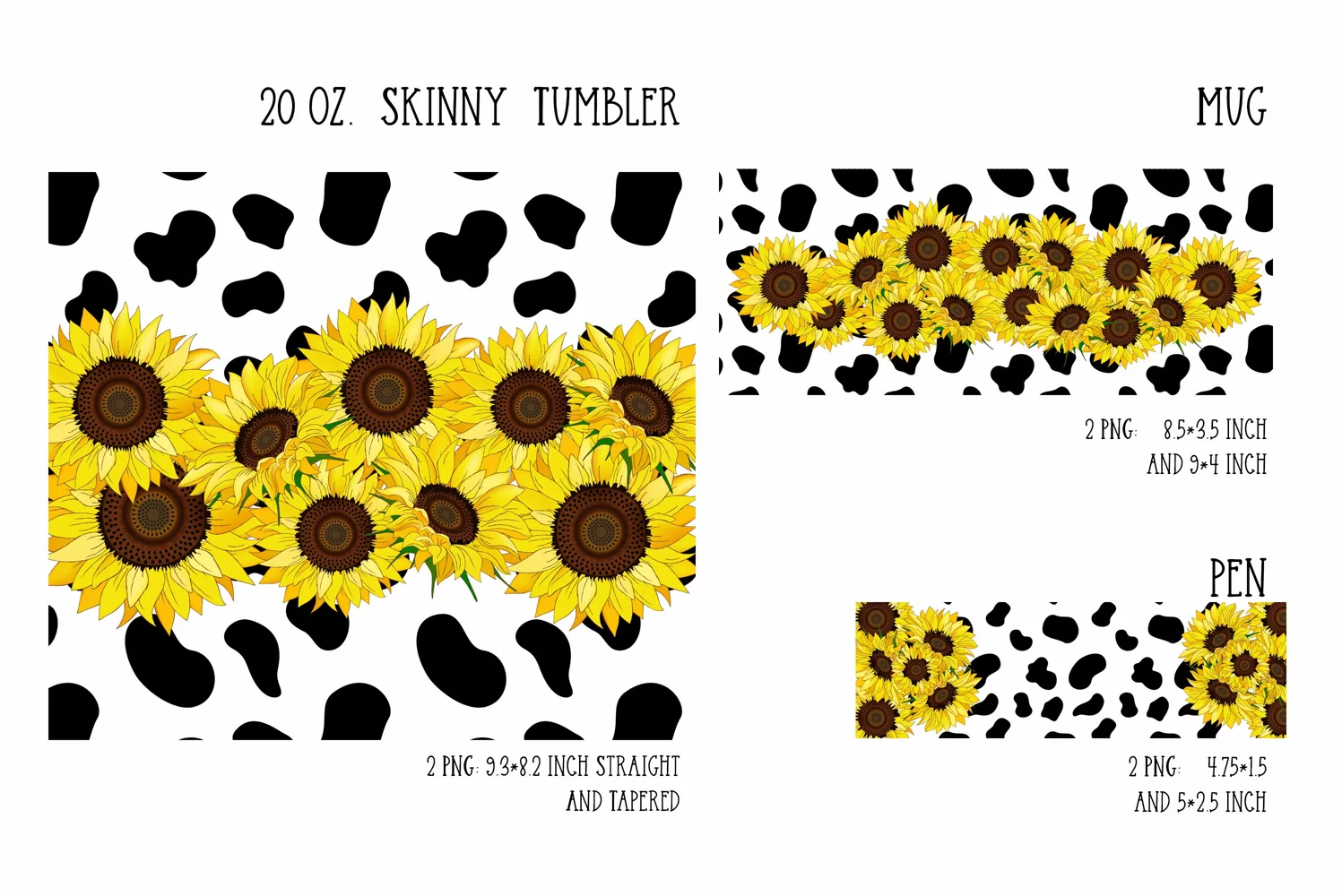 sunflower and cow sublimation design for tumblers and mug and pen