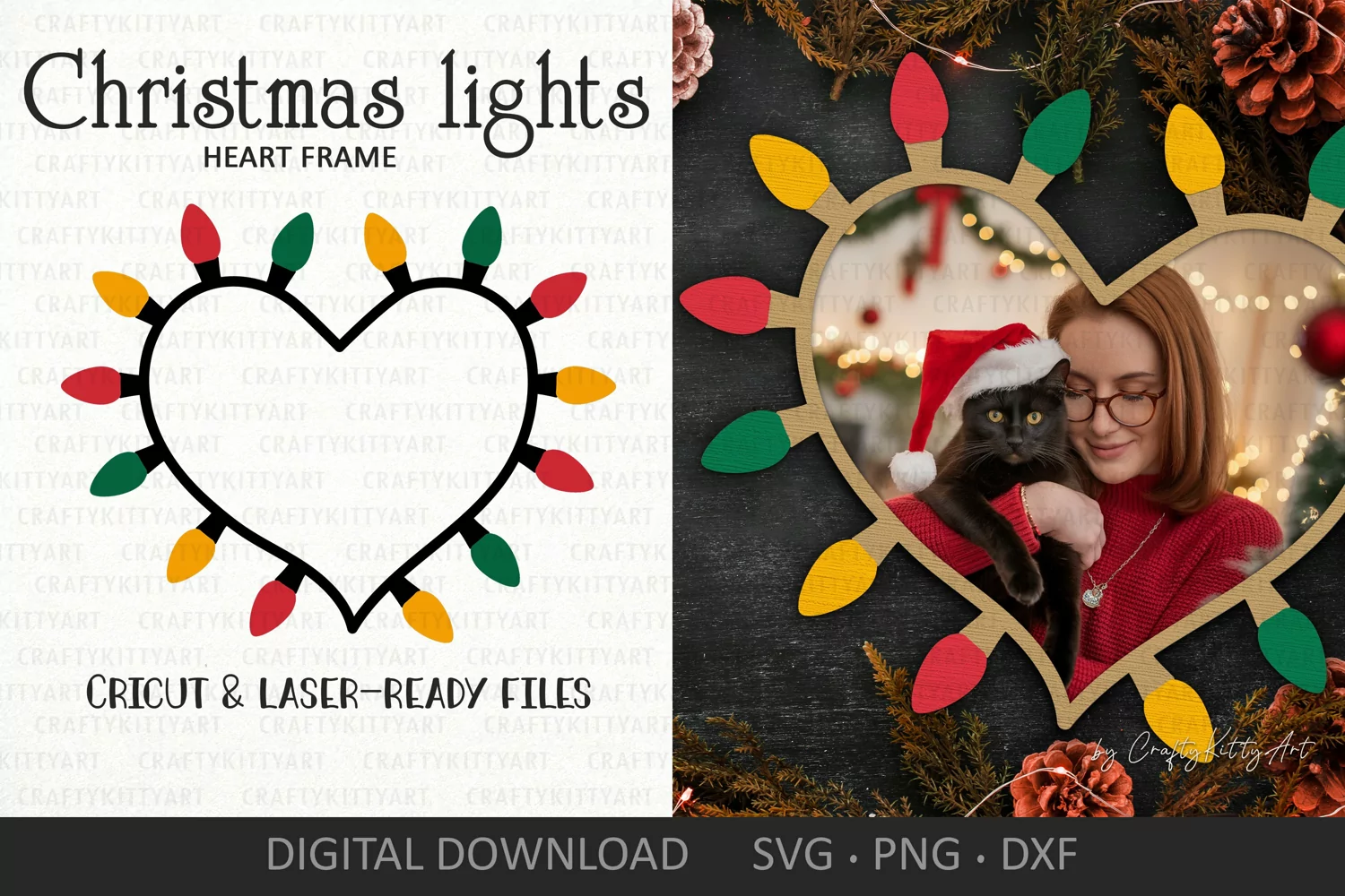 Christmas string lights SVG laser frame, Love heart frame product image 1