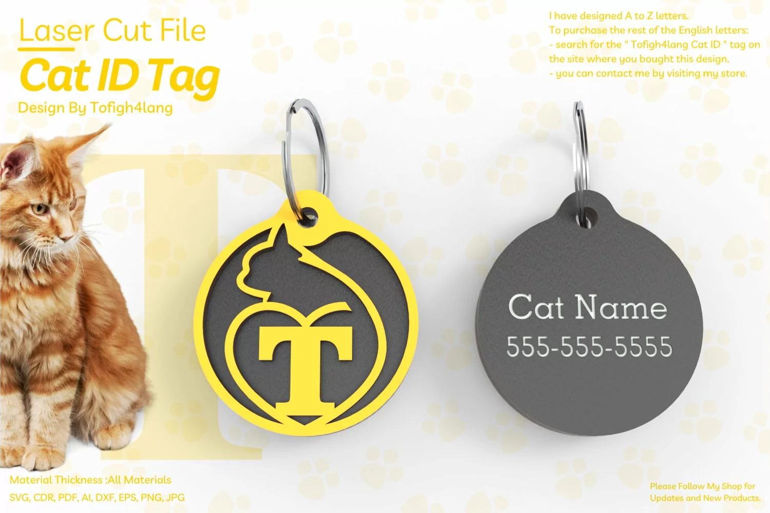 T | Cat ID Tag | Cat ID Tag Slide On Collar| laser cut | SVG product image 1