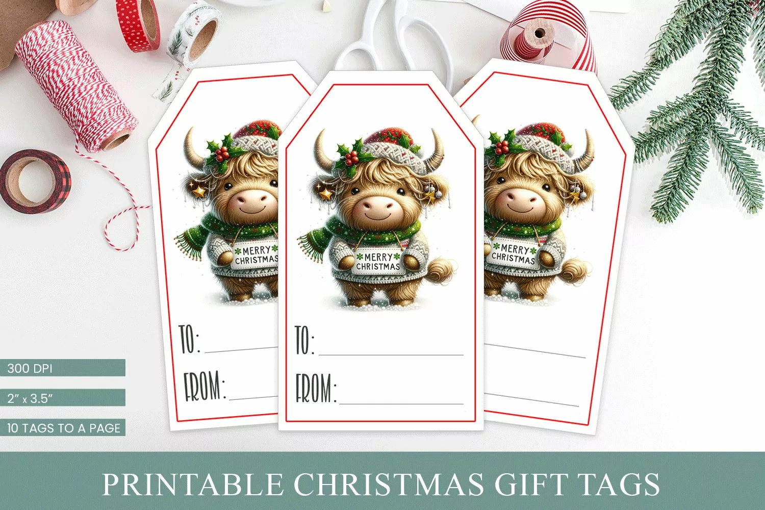 Printable Christmas Gift Tags | Cute Highland Cow Tags product image 1