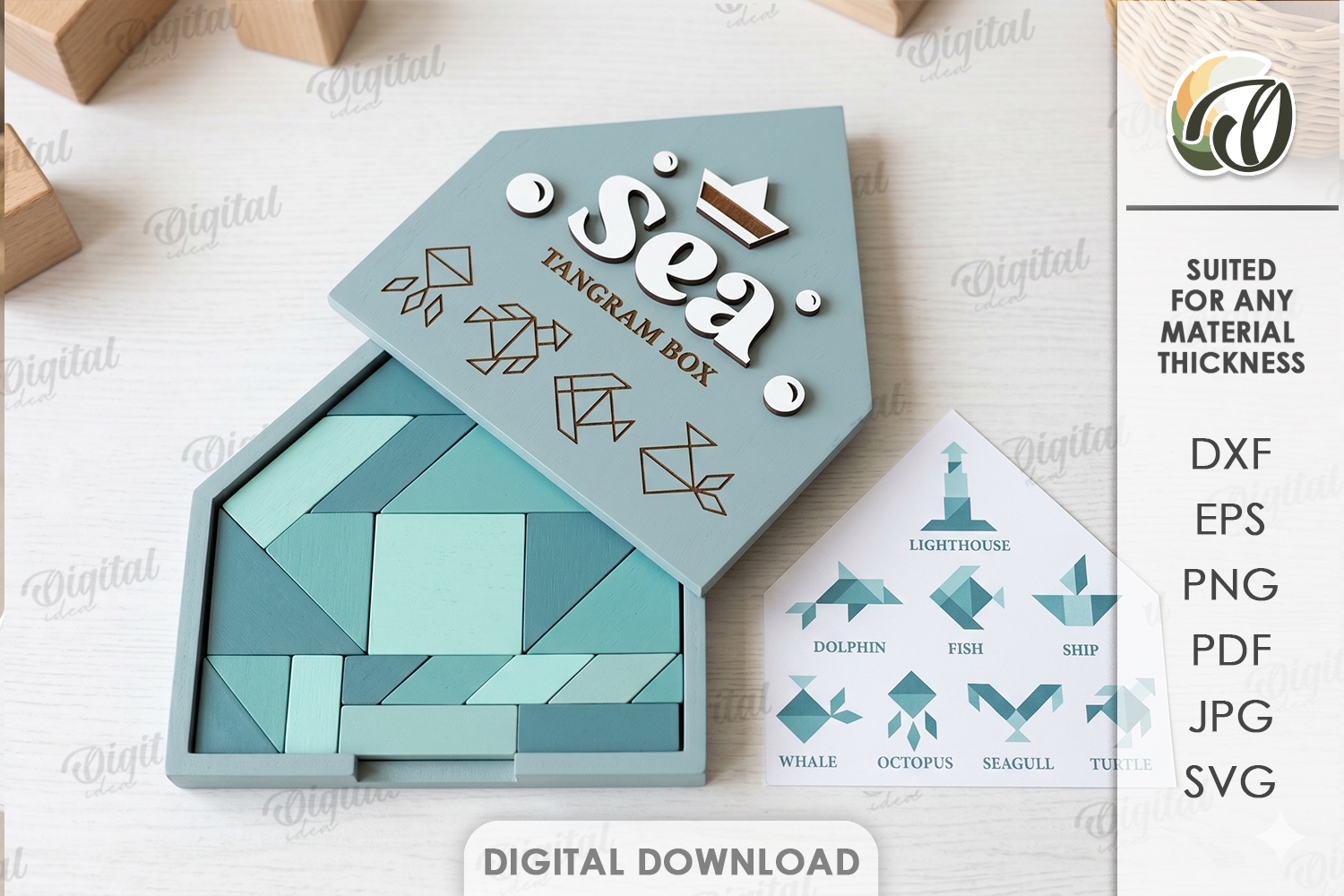 Sea Tangram Puzzle Box Laser Cut. Puzzle Box SVG product image 1