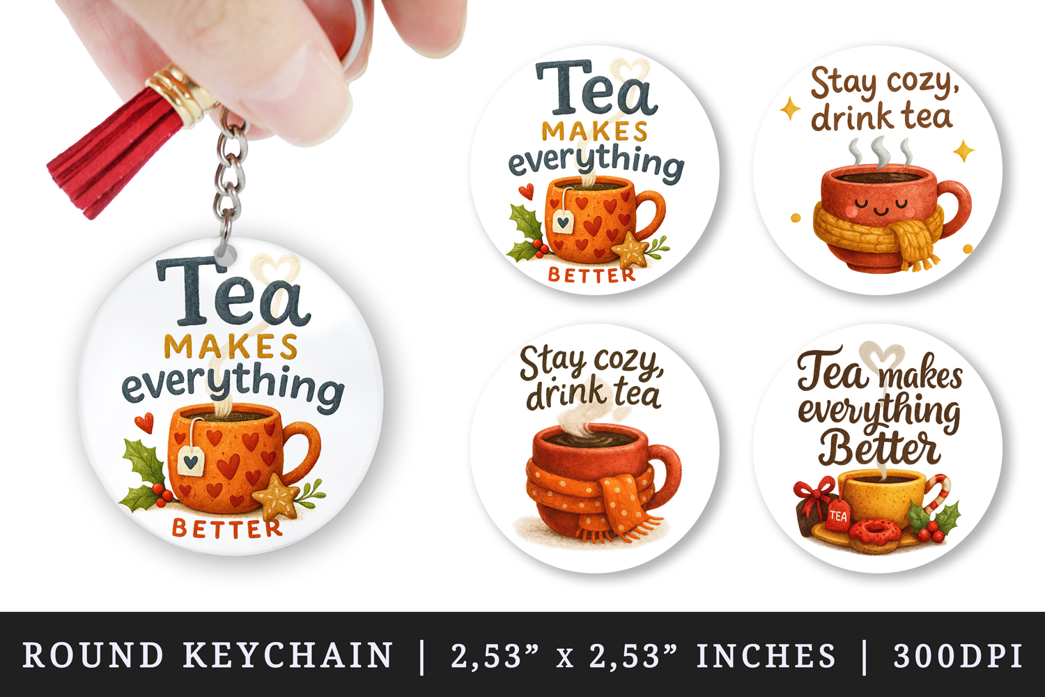 Tea Lover round keychain pintable sublimation design png product image 1