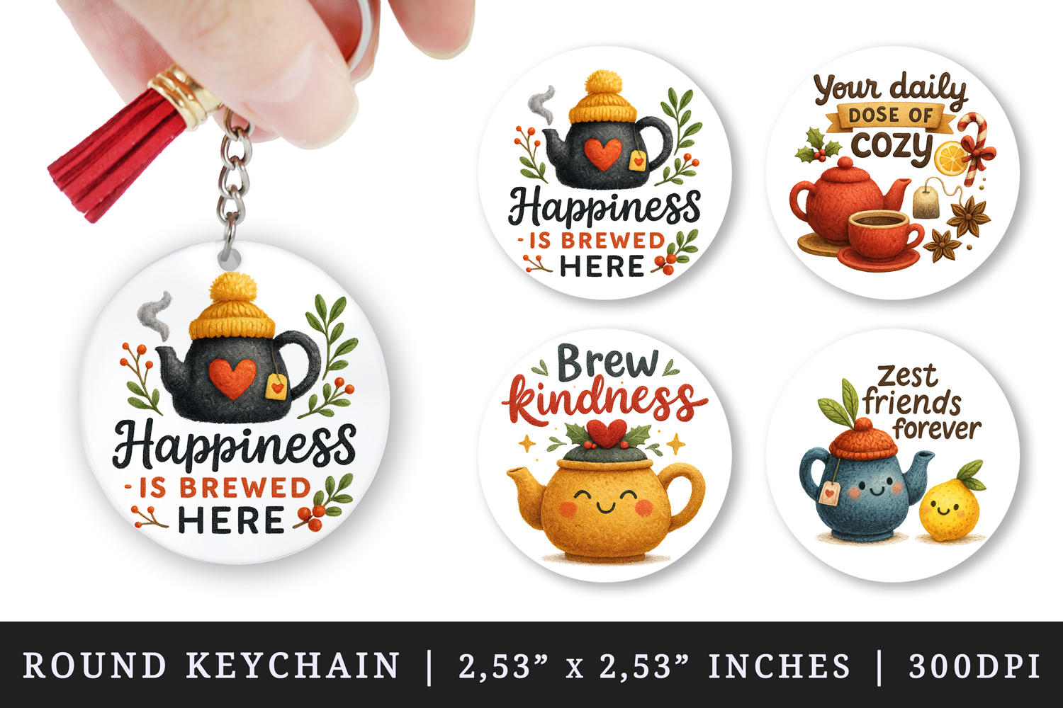 Tea Lover round keychain pintable sublimation design png product image 1