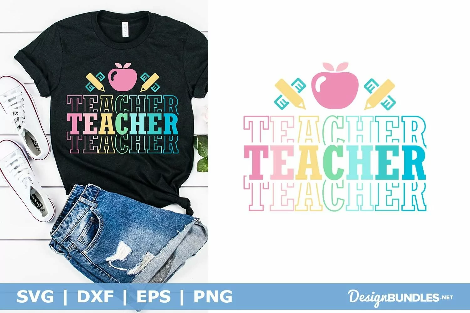 Teacher Rainbow Colors Stacked Words SVG | Teacher Apple SVG product image 1