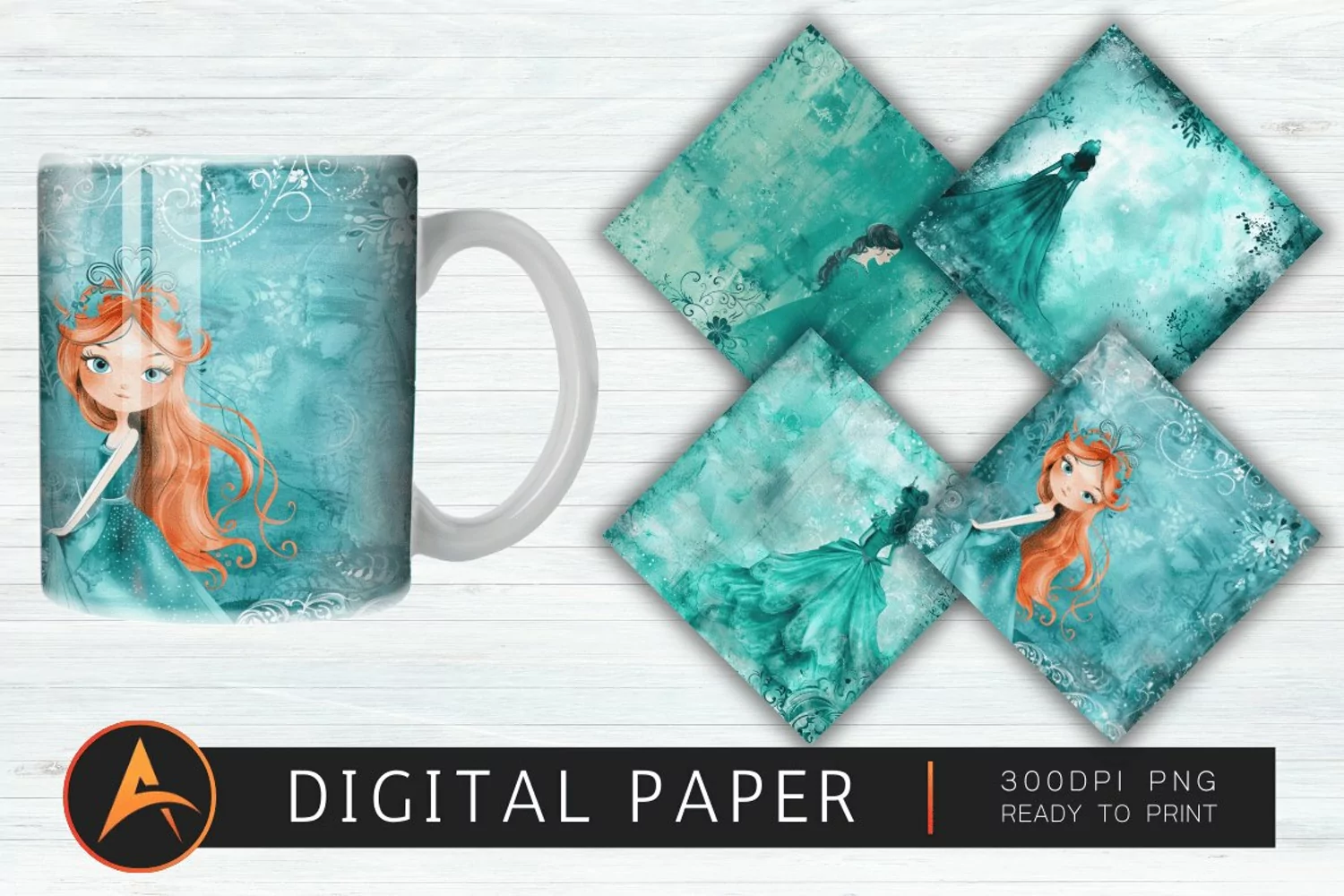 Teal Watercolor Princess Digital Paper PNG product image 1