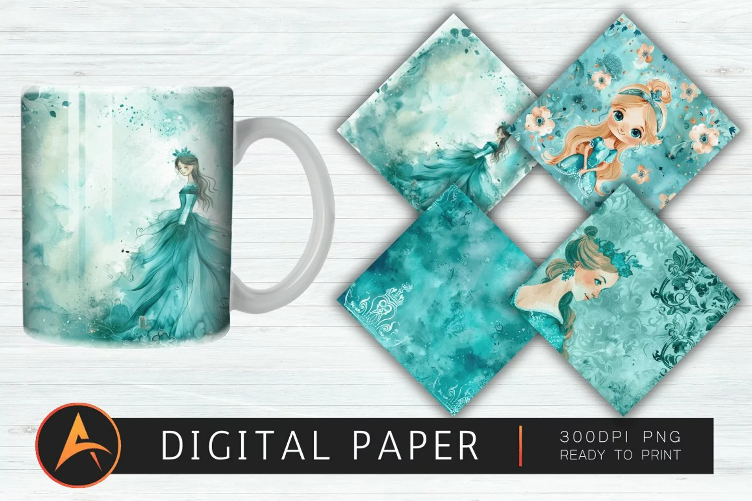 Teal Watercolor Princess Digital Paper Pattern product image 1