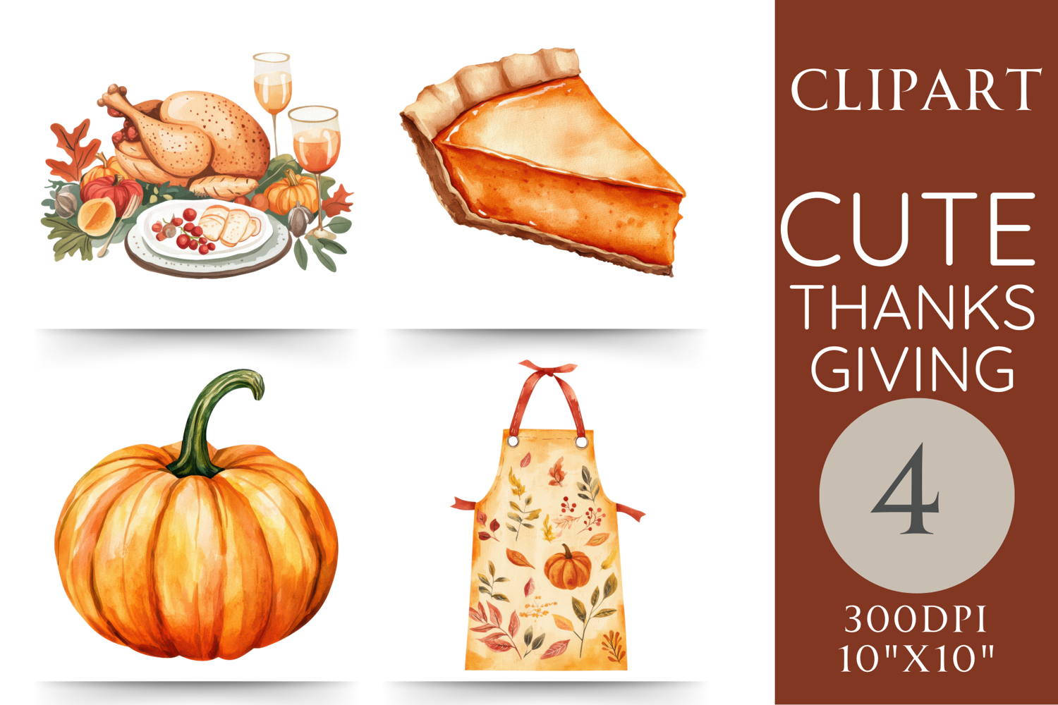 Watercolor Thanksgiving clipart set with roast turkey, pumpkin pie slice, whole pumpkin, and autumn apron, 4 PNG graphics