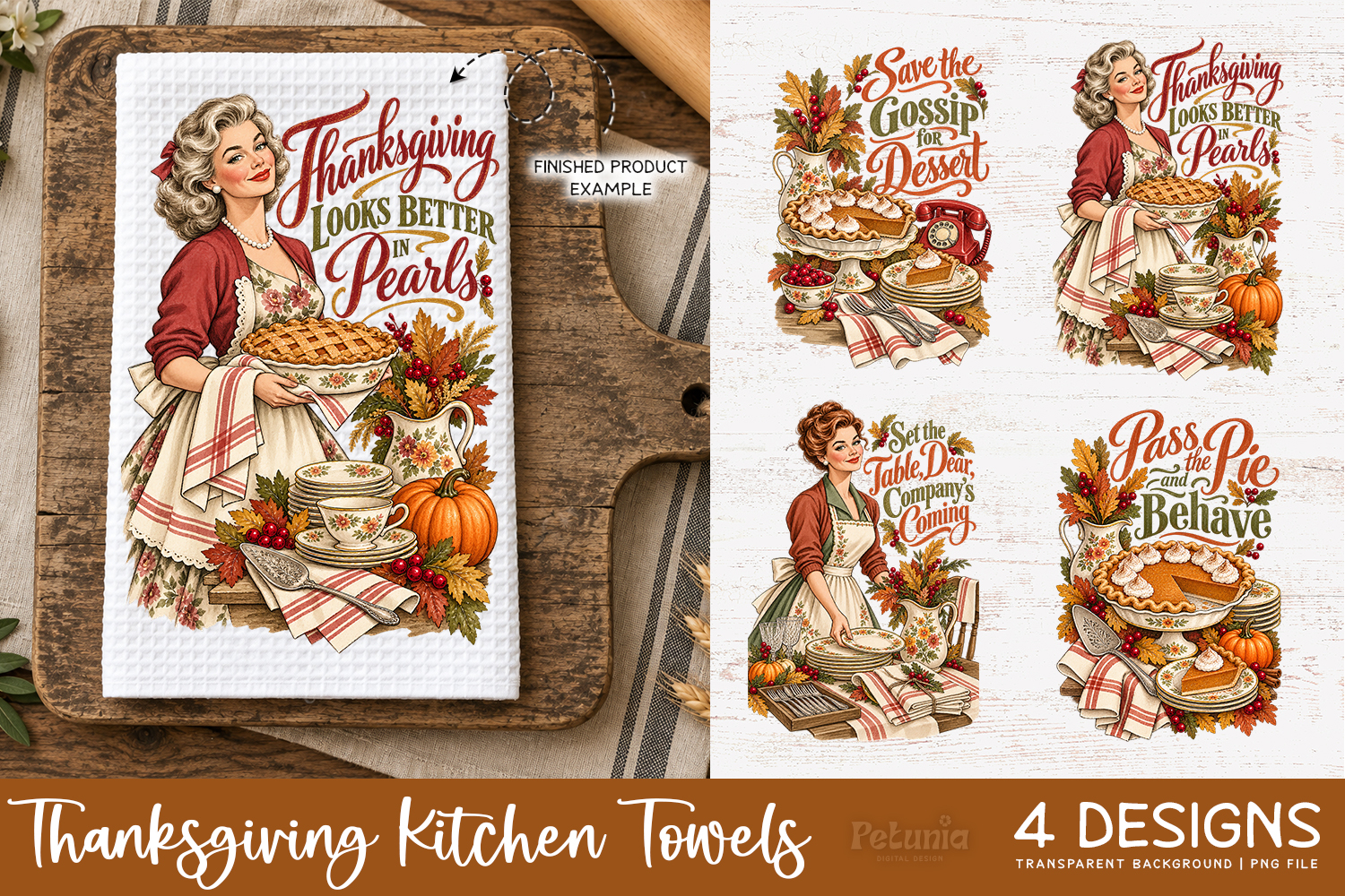 Retro Thanksgiving Kitchen Towel PNG, Fall Sublimation product image 1