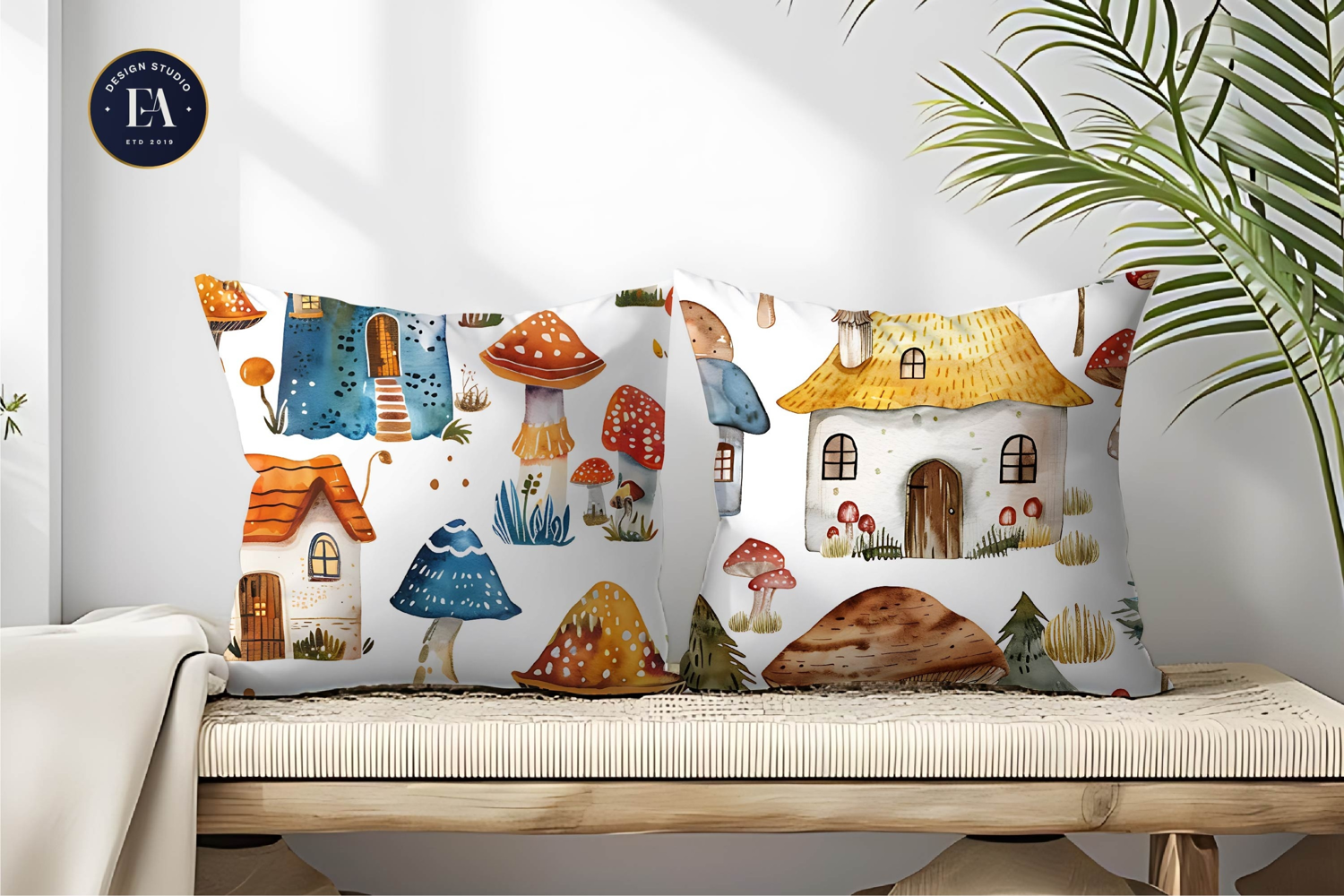 Tiny Houses on Mushrooms Watercolor Seamless Digital Paper product image 1