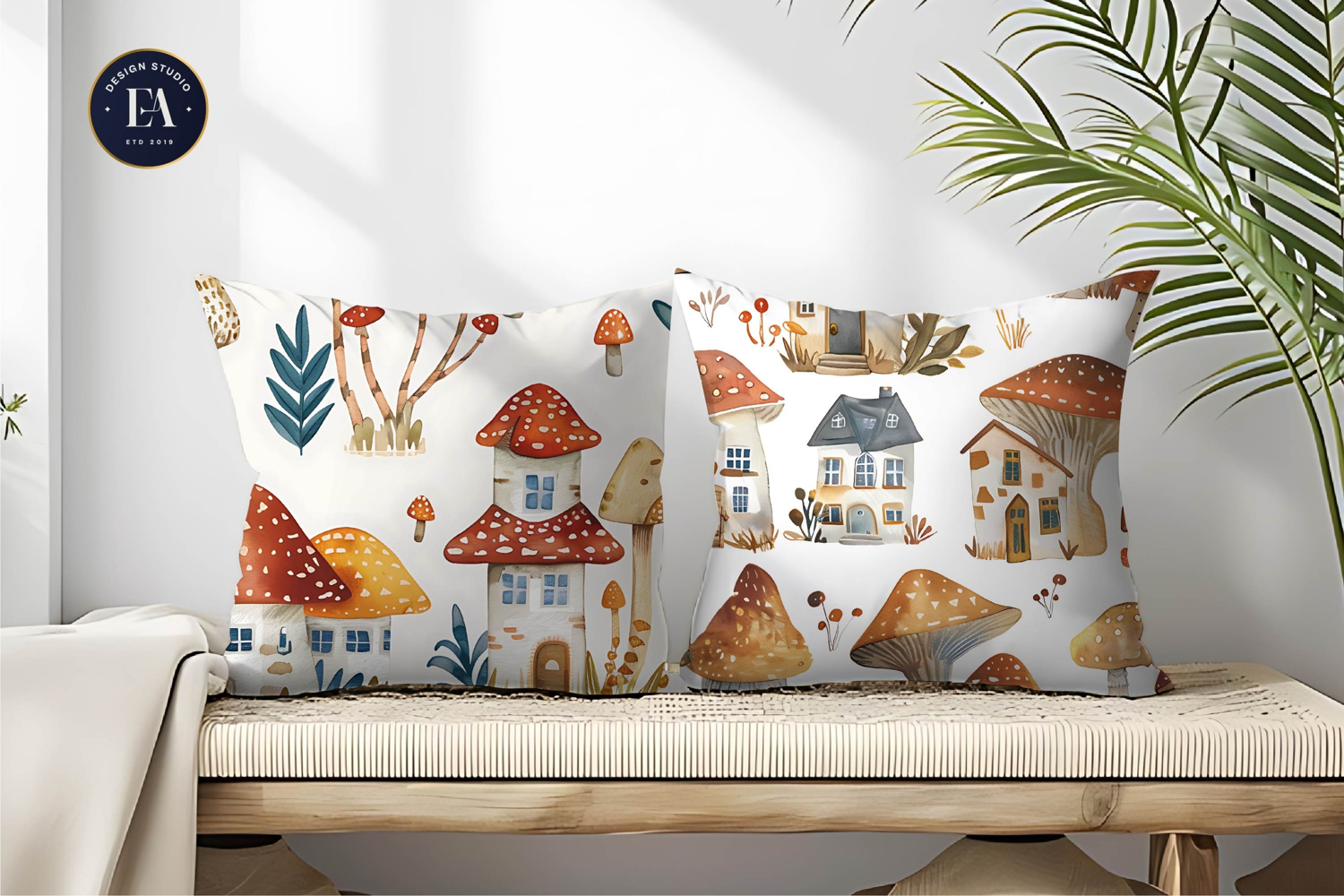 Tiny Houses on Mushrooms Watercolor Seamless Digital Paper product image 1