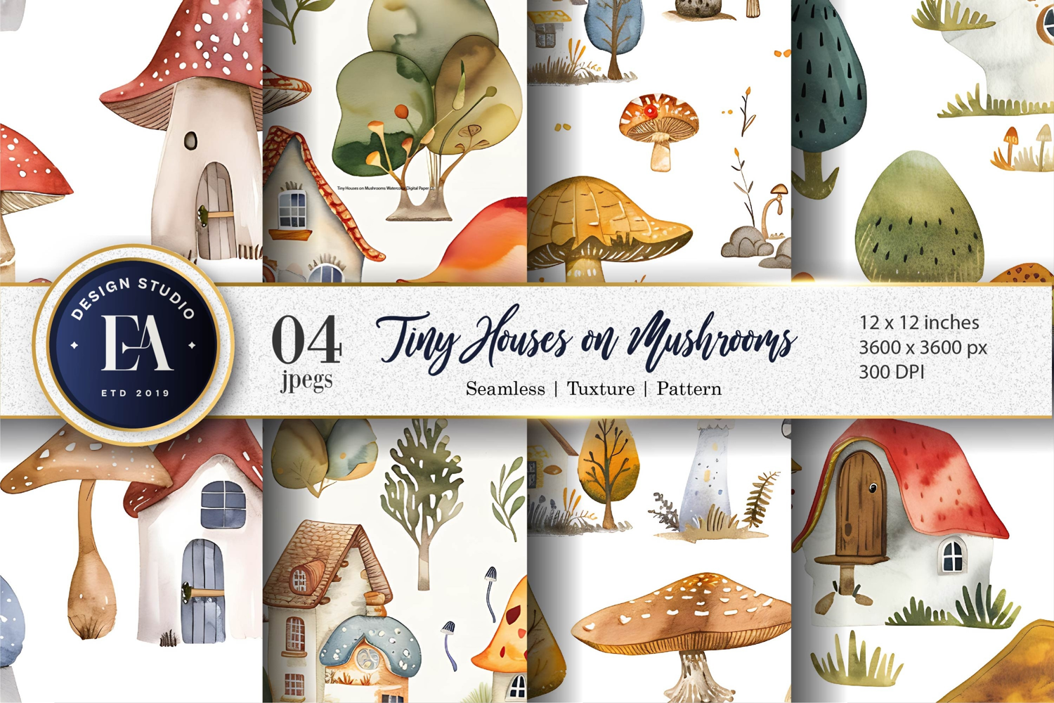 Tiny Houses on Mushrooms Watercolor Seamless Digital Paper product image 1
