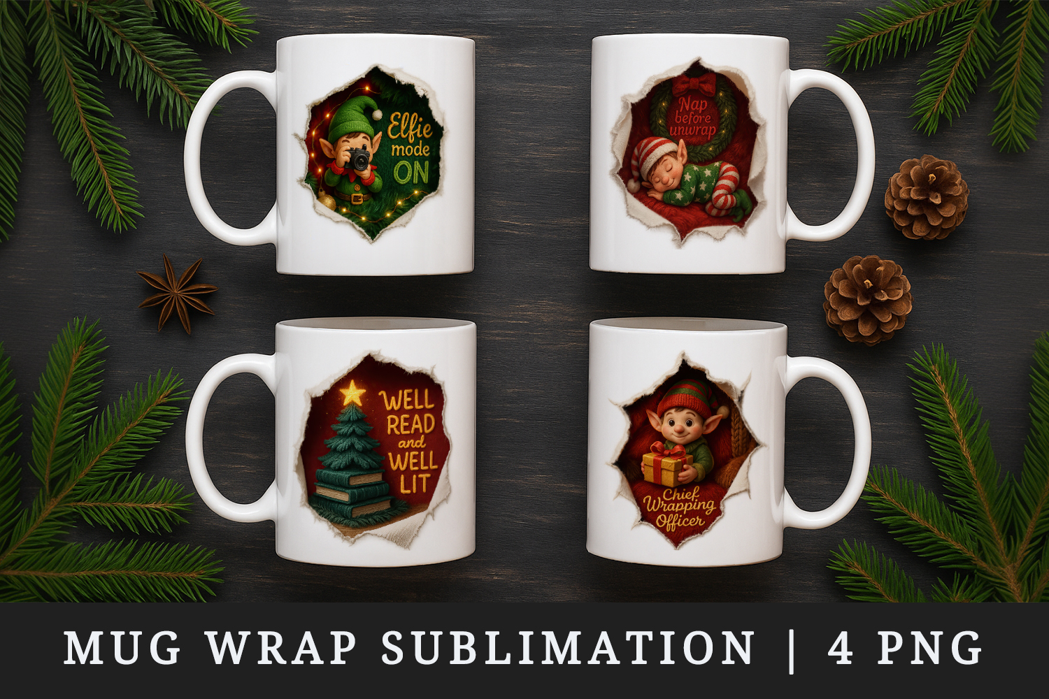 Torn Fabric Tear Christmas mug wrap printable sublimation product image 1