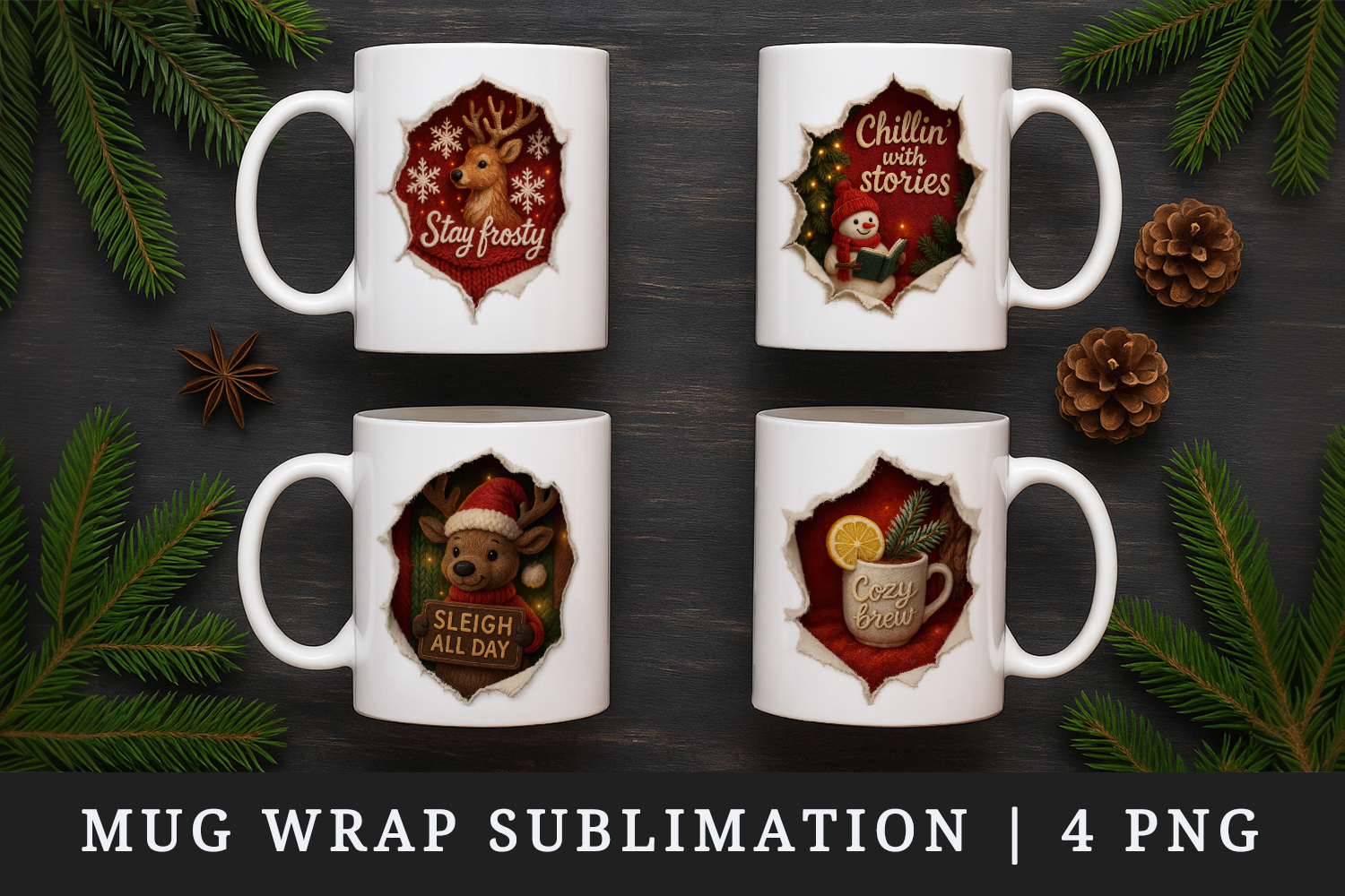 Torn Fabric Tear Christmas mug wrap printable sublimation product image 1