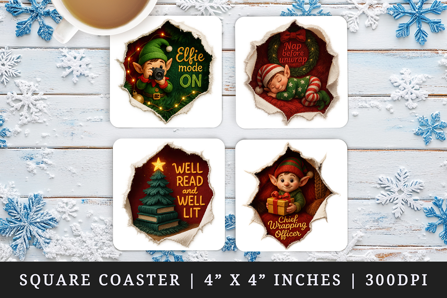 Torn Fabric Tear Christmas square coaster sublimation design product image 1