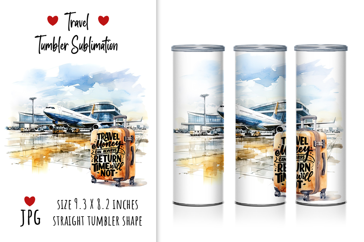 travel, airport, airplane, luggage, suitcase, vacation, tourism, journey, adventure, flight, travel concept, watercolor illustration, digital art, memories, tumbler, sublimation, sea, vacation, beach, palm, ocean, summer, money, rest, 