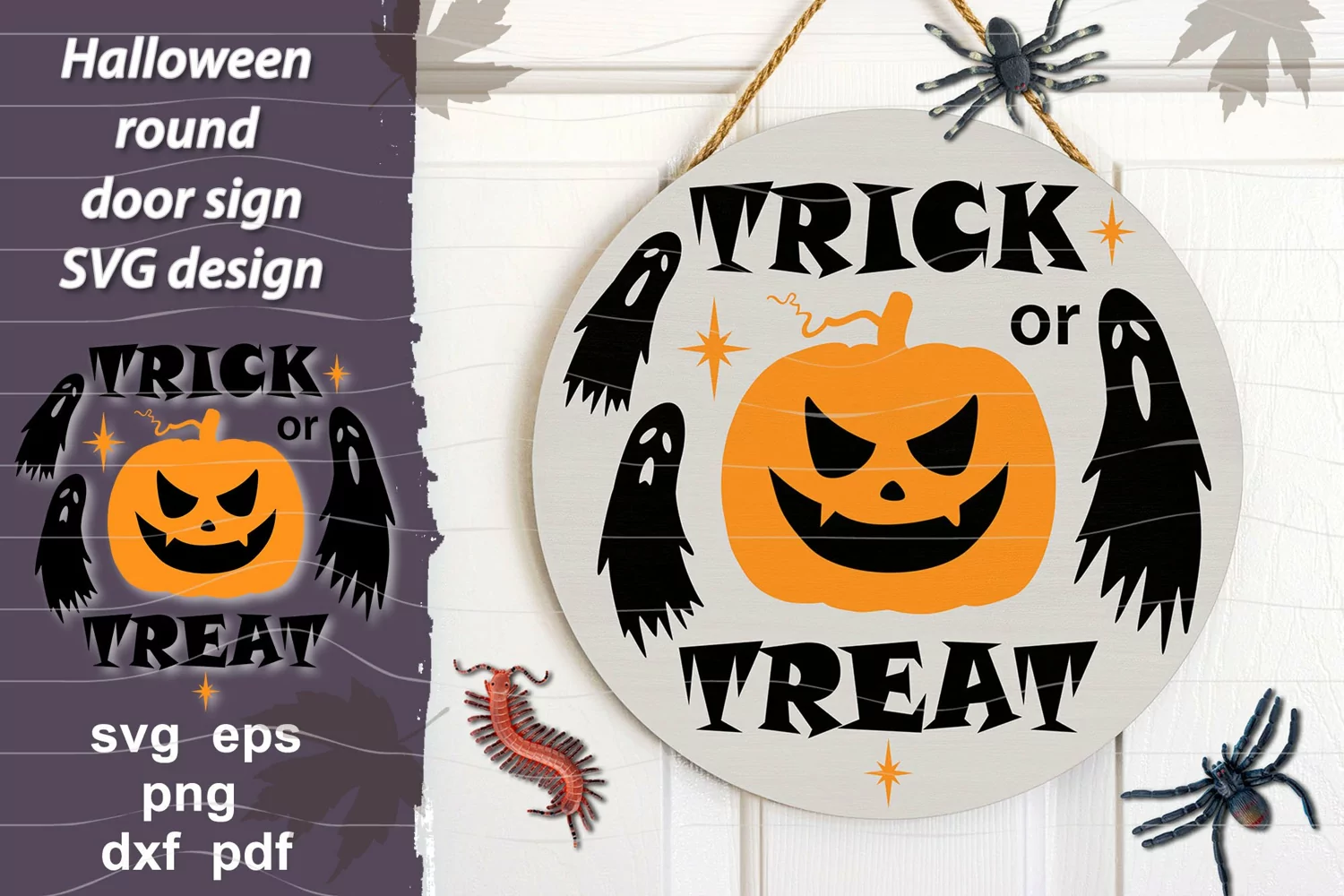 SVG Halloween design with quote Trick or treat, Pumpkin face and ghosts for Trick or treat bag, halloween t shirt design, home decoration, door hanger, round sign, wall decor.