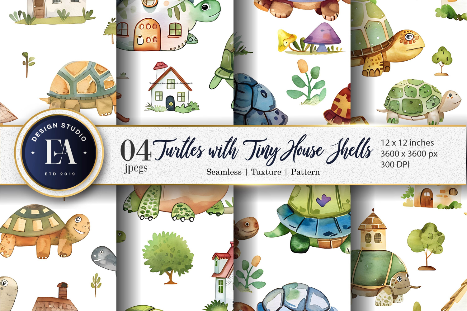 Dreamy Turtle House Artwork Digital Paper | Pattern Art product image 1