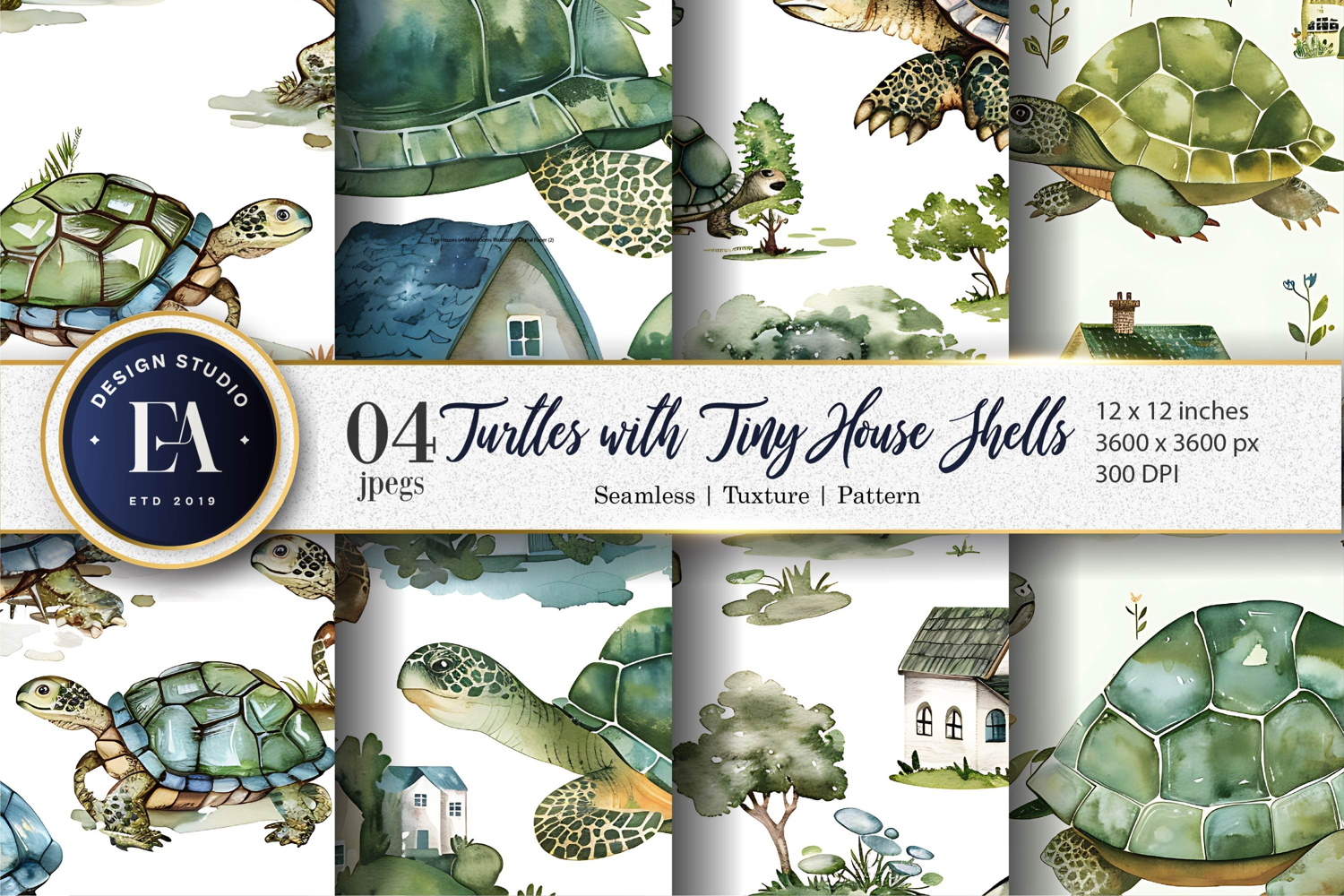 Tiny House Turtles Digital Paper | Turtle Watercolor Pattern product image 1