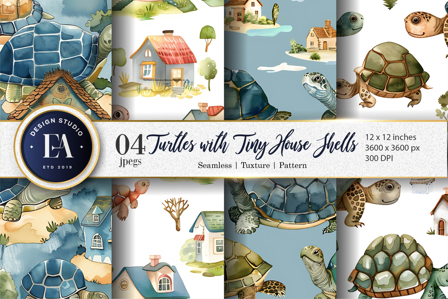 Tiny House Turtles Digital Paper | Turtle Watercolor Pattern product image 1
